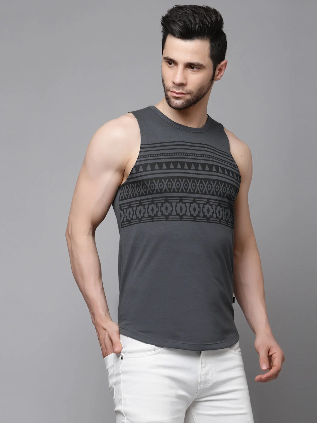Men Dark Grey Placement Print With Curved Bottom Sleeveless T-Shirt Vest - Image 3