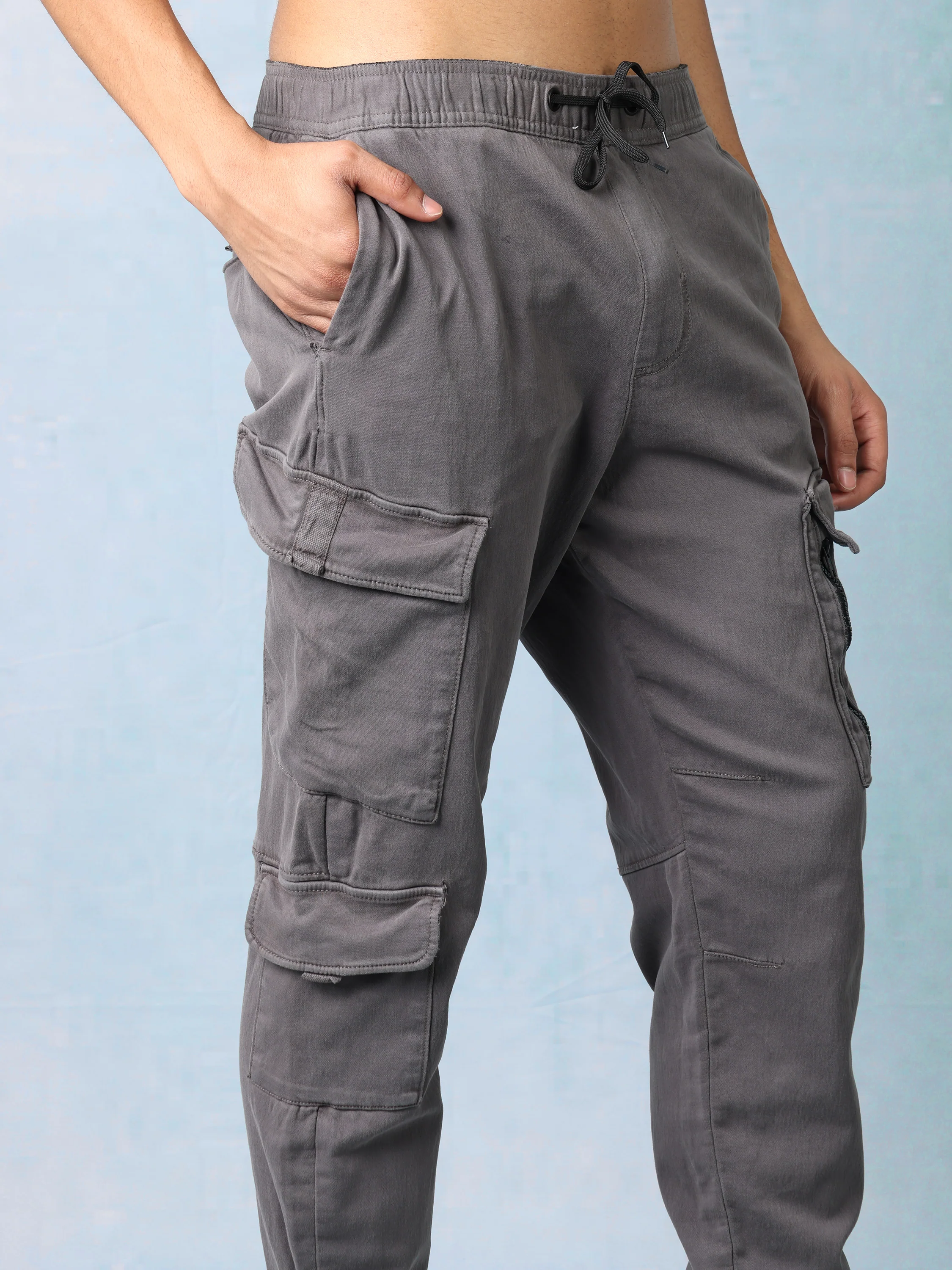 Men Dark Grey Regular Fit Cargo Pants - Image 7