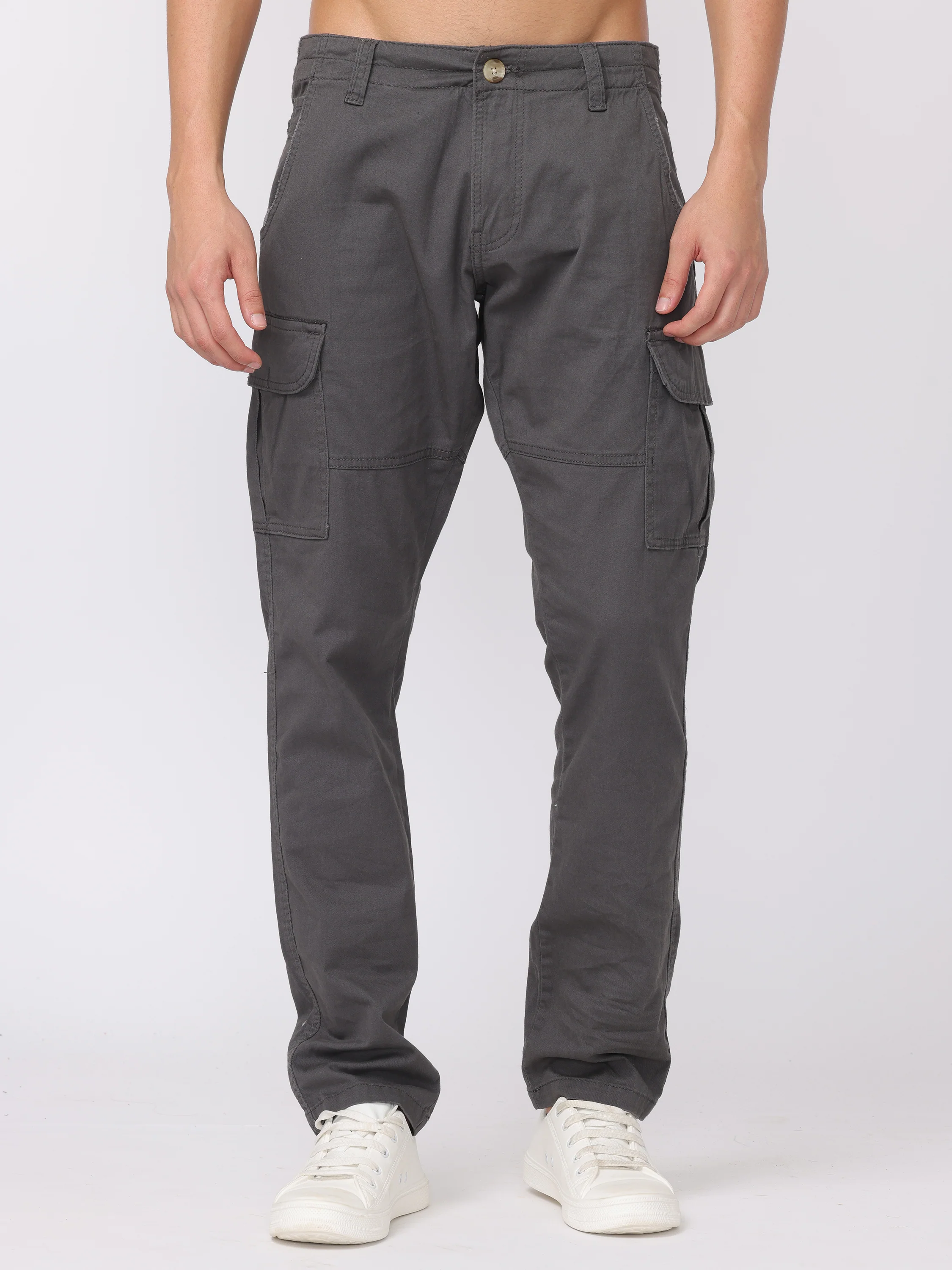 Men Dark Grey Regular Fit Cargo Pants - Image 3