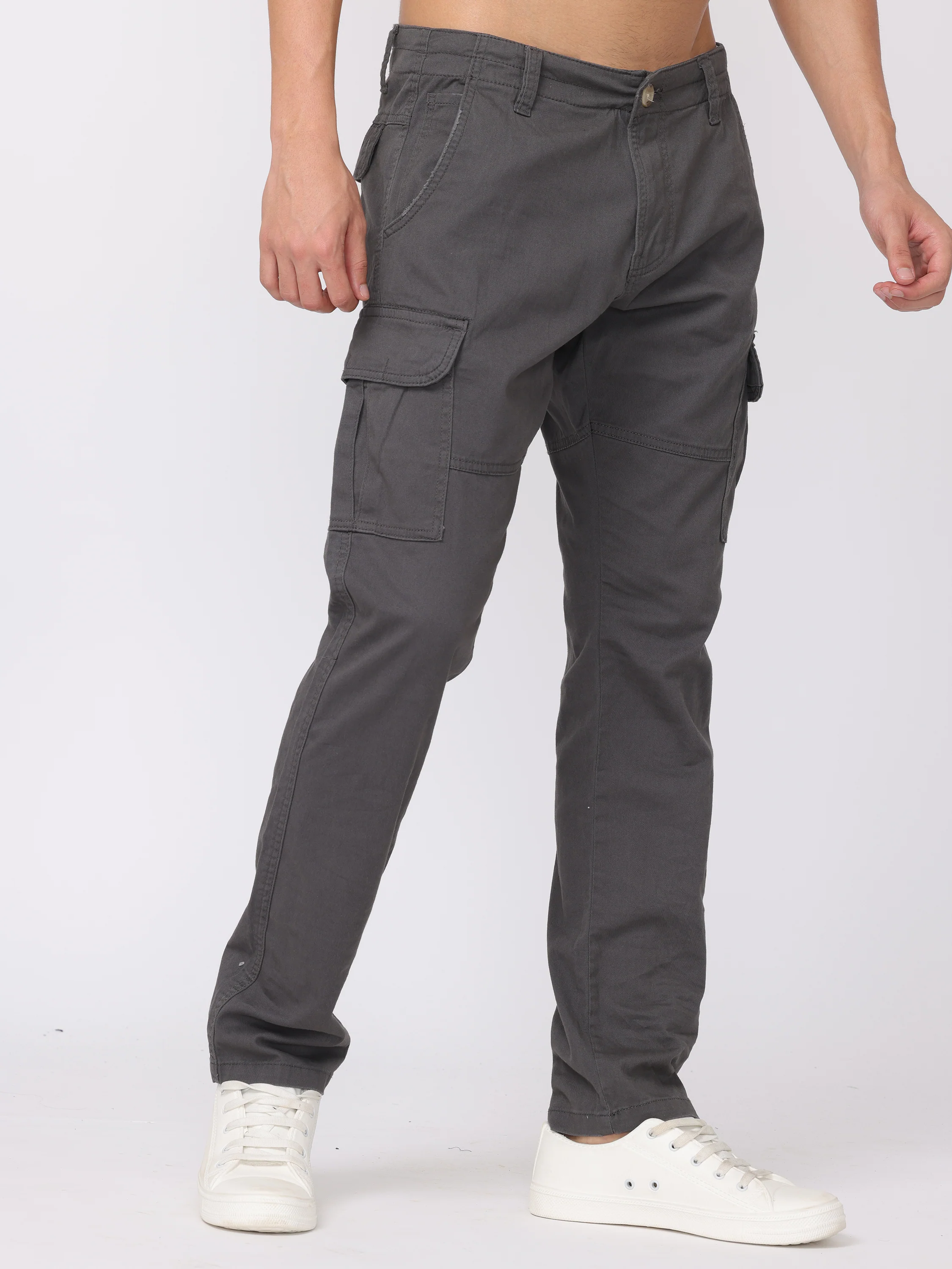 Men Dark Grey Regular Fit Cargo Pants - Image 5