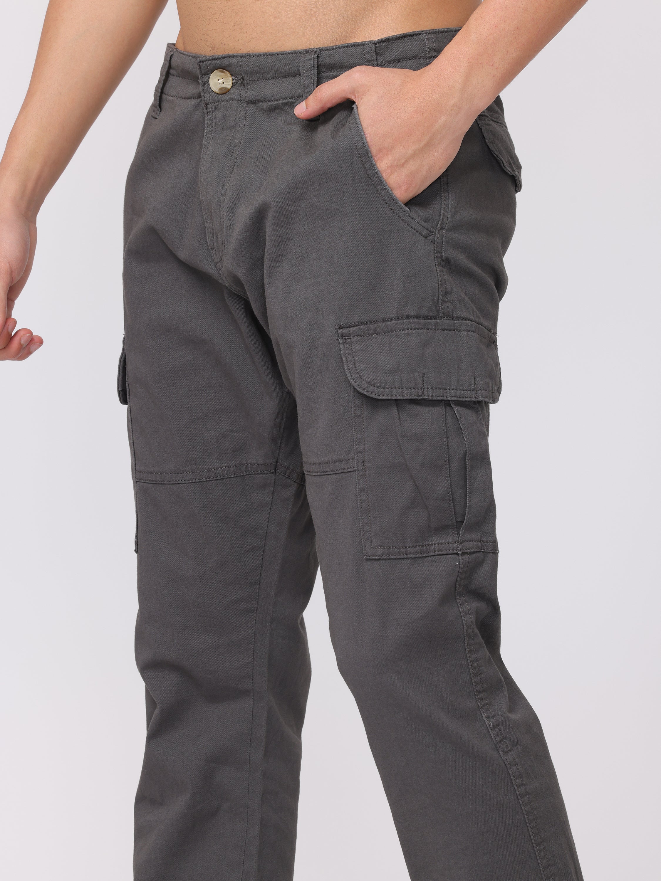 Men Dark Grey Regular Fit Cargo Pants - Image 6