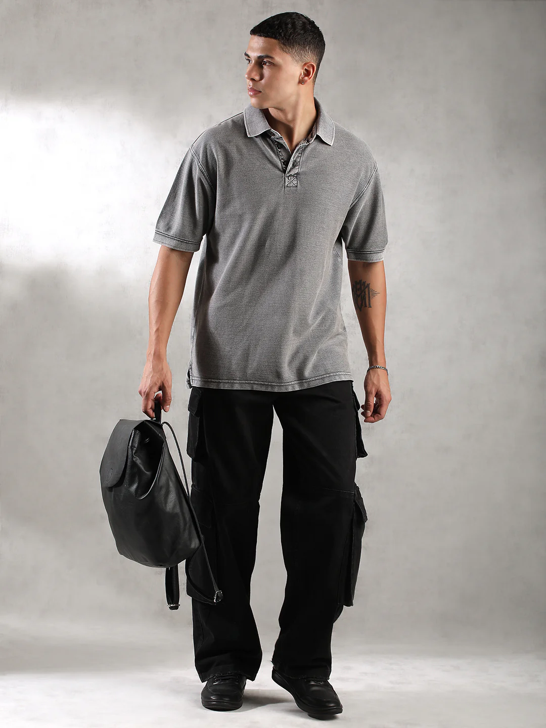 Men Grey Drop Shoulder Oversize Polo T-Shirt - Image 2