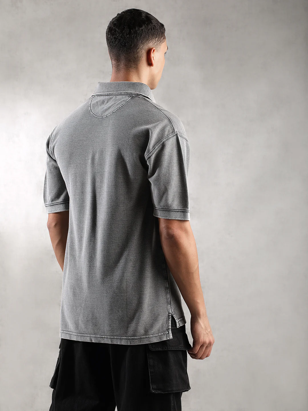 Men Grey Drop Shoulder Oversize Polo T-Shirt - Image 3