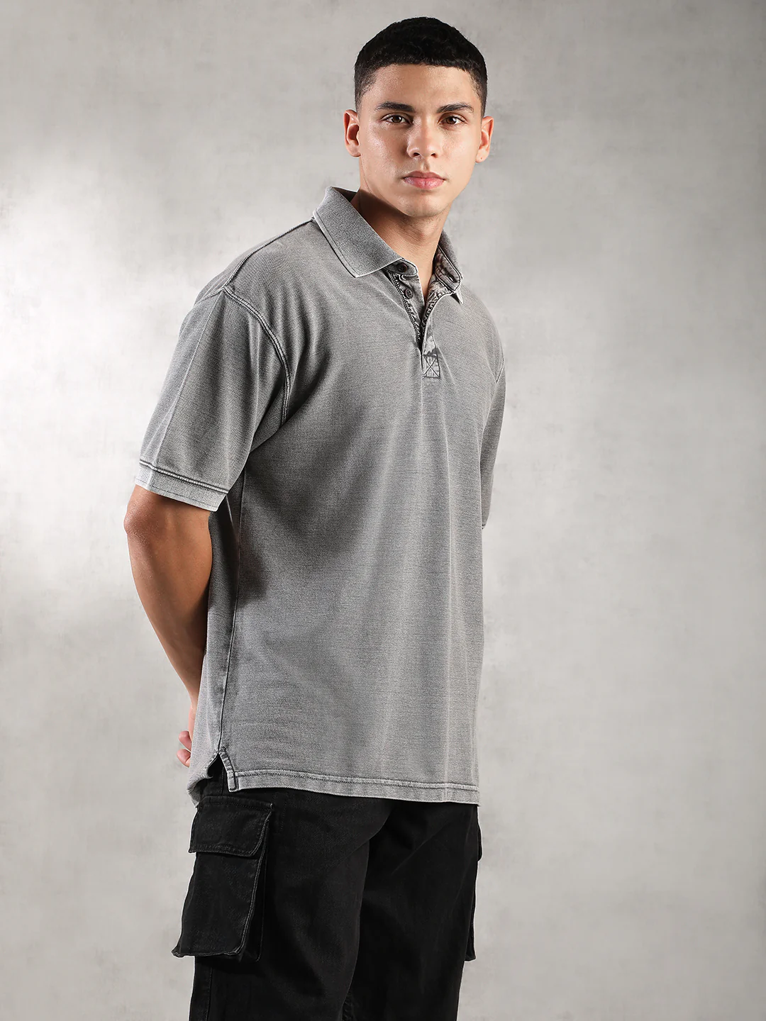 Men Grey Drop Shoulder Oversize Polo T-Shirt - Image 5