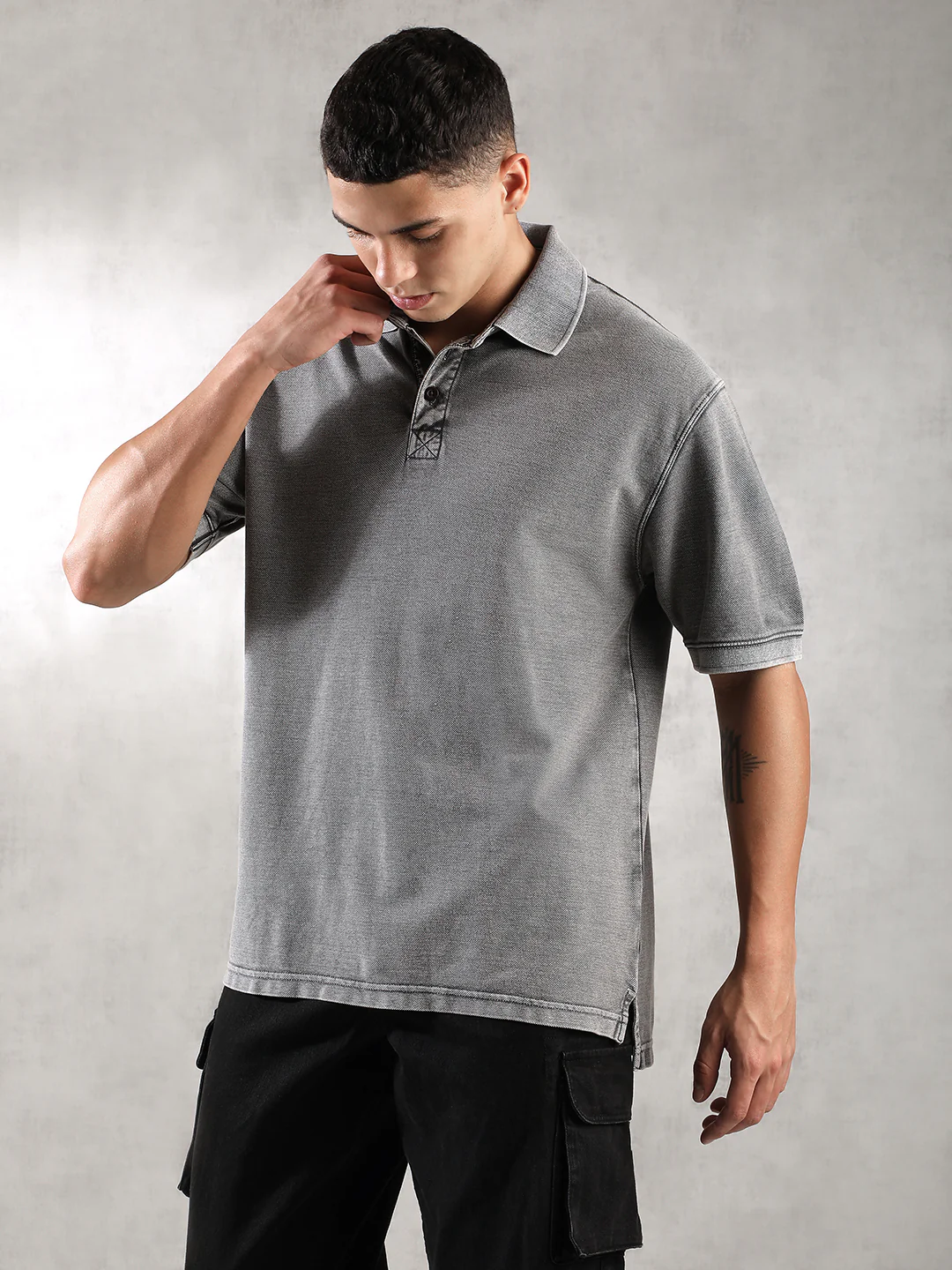 Men Grey Drop Shoulder Oversize Polo T-Shirt - Image 6