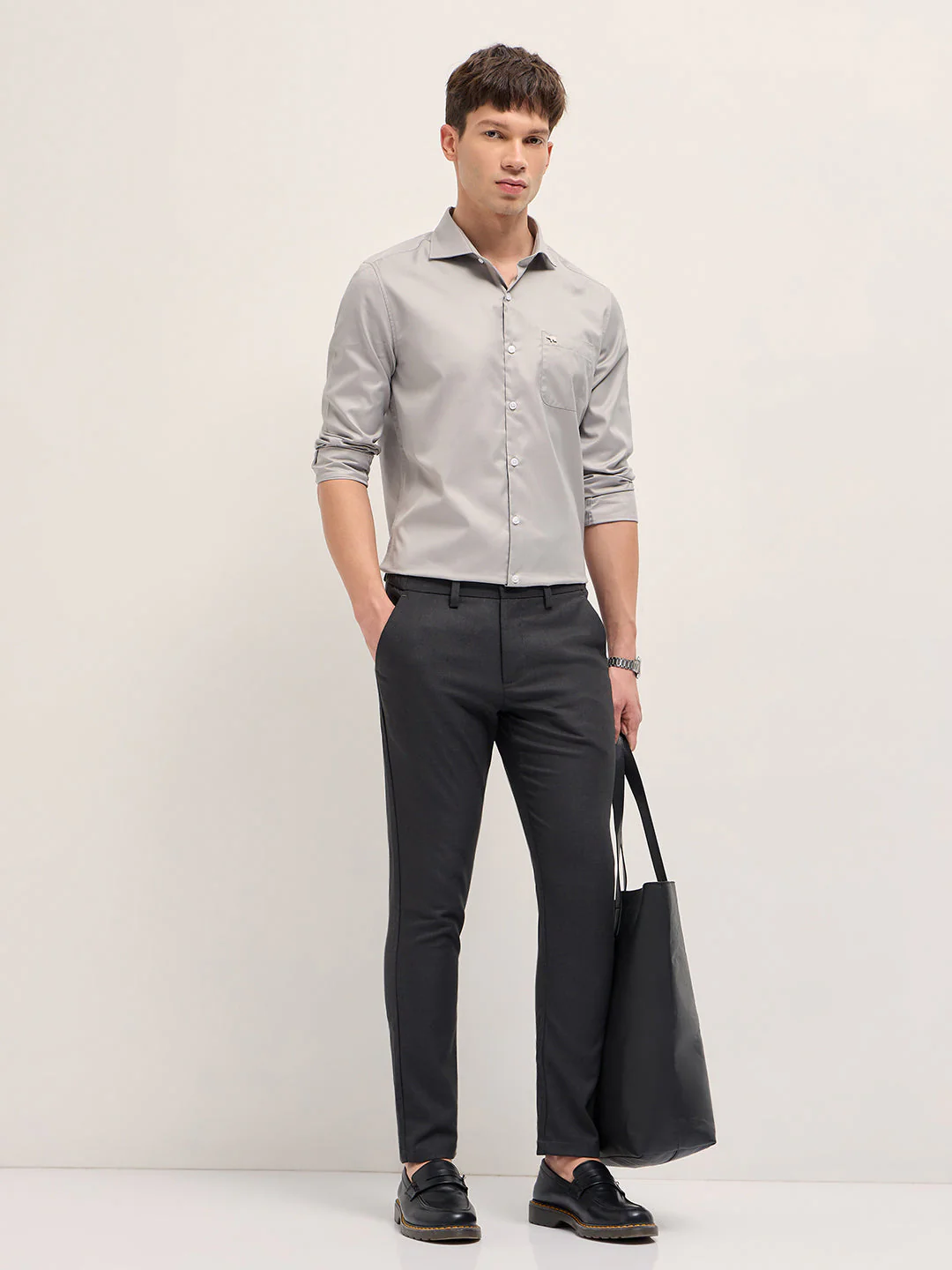 Men Dark Grey Slim Fit Formal Trousers - Image 4