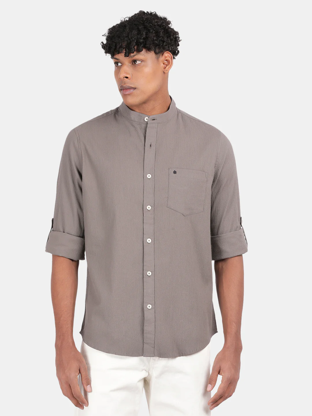 Men Dark Grey Slim Fit Mandarin Collar Full Sleeve Casual Shirt - Image 2