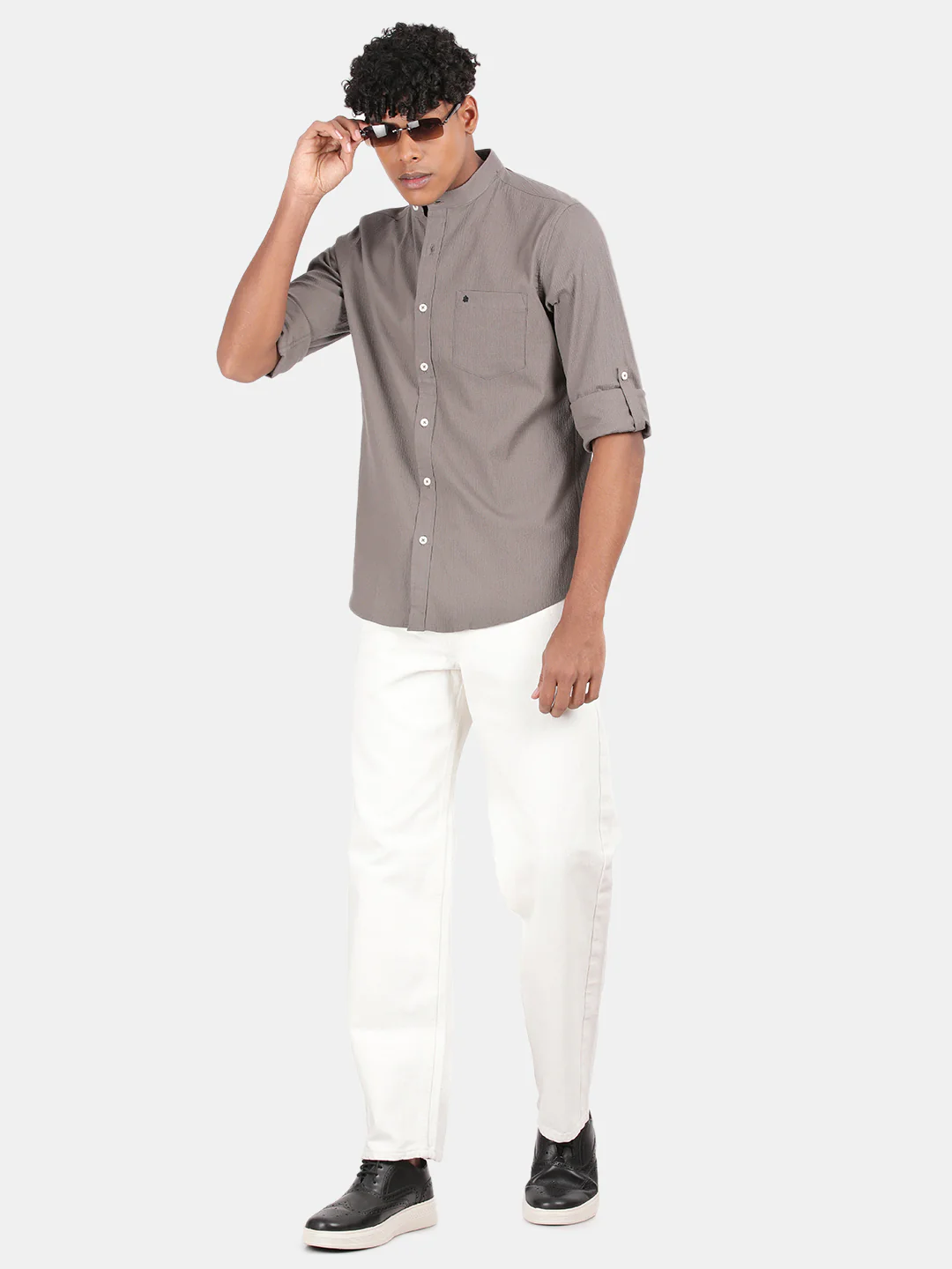 Men Dark Grey Slim Fit Mandarin Collar Full Sleeve Casual Shirt - Image 3