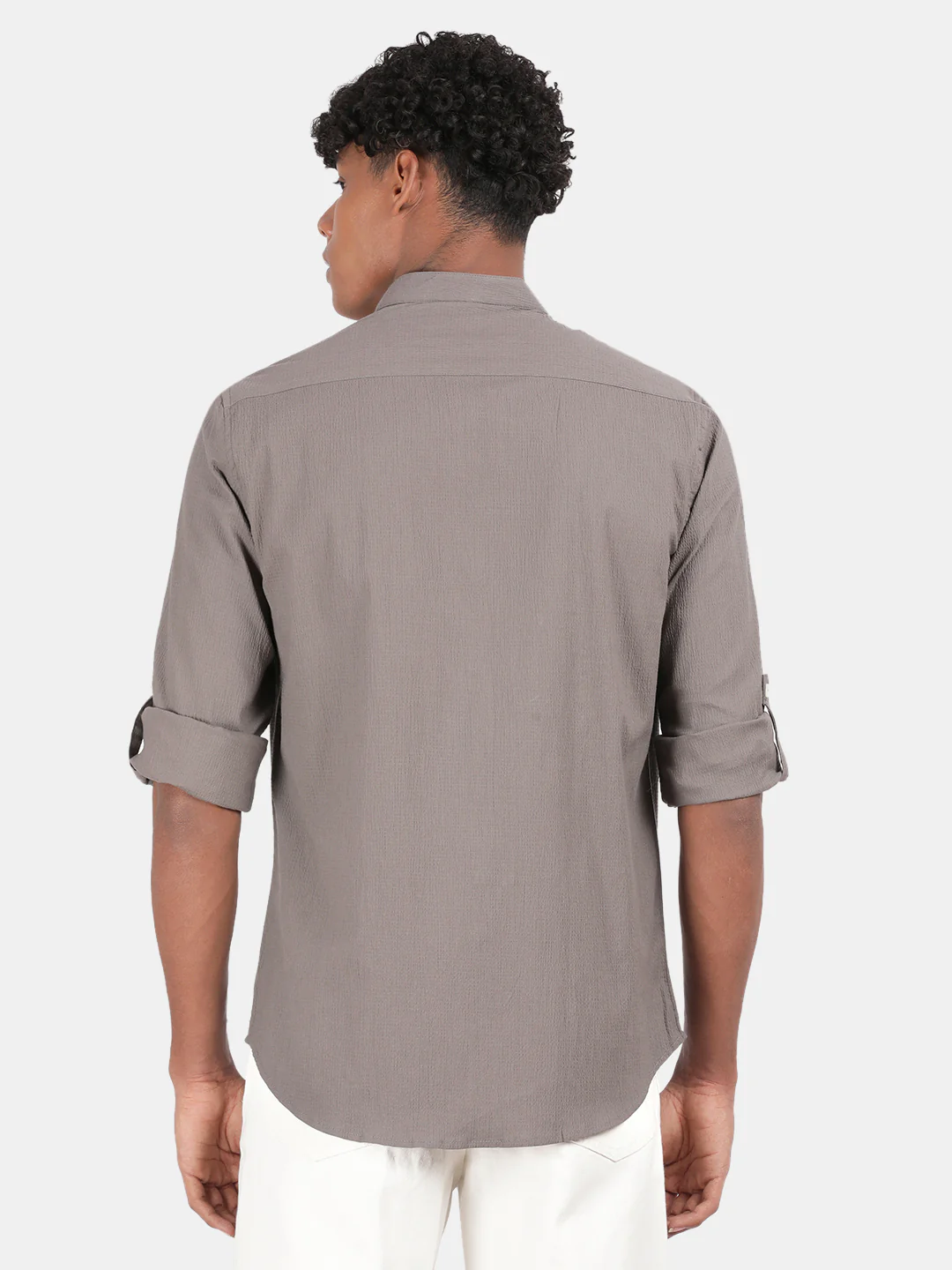 Men Dark Grey Slim Fit Mandarin Collar Full Sleeve Casual Shirt - Image 4