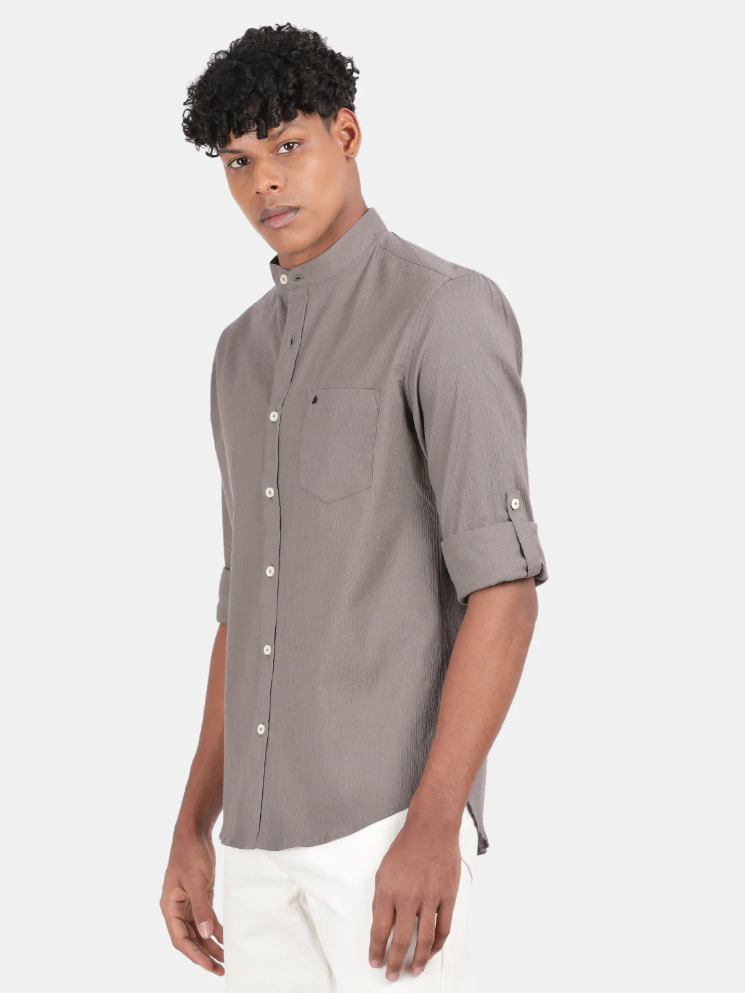 Men Dark Grey Slim Fit Mandarin Collar Full Sleeve Casual Shirt - Image 5