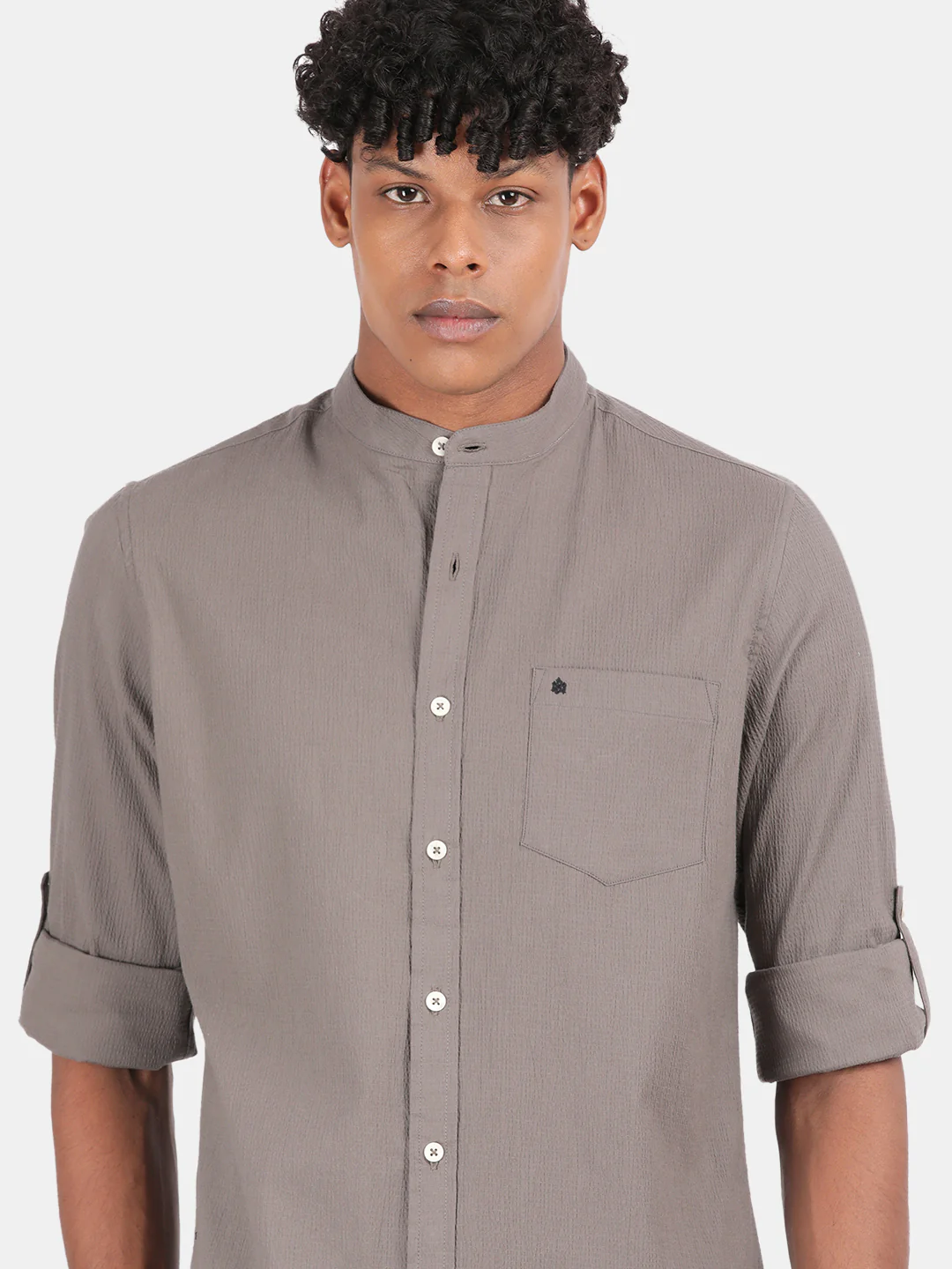 Men Dark Grey Slim Fit Mandarin Collar Full Sleeve Casual Shirt - Image 6