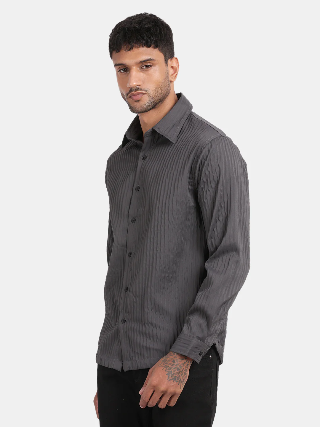 Men Dark Grey Slim Fit Spread Collar Full Sleeve Casual Shirt - Image 2