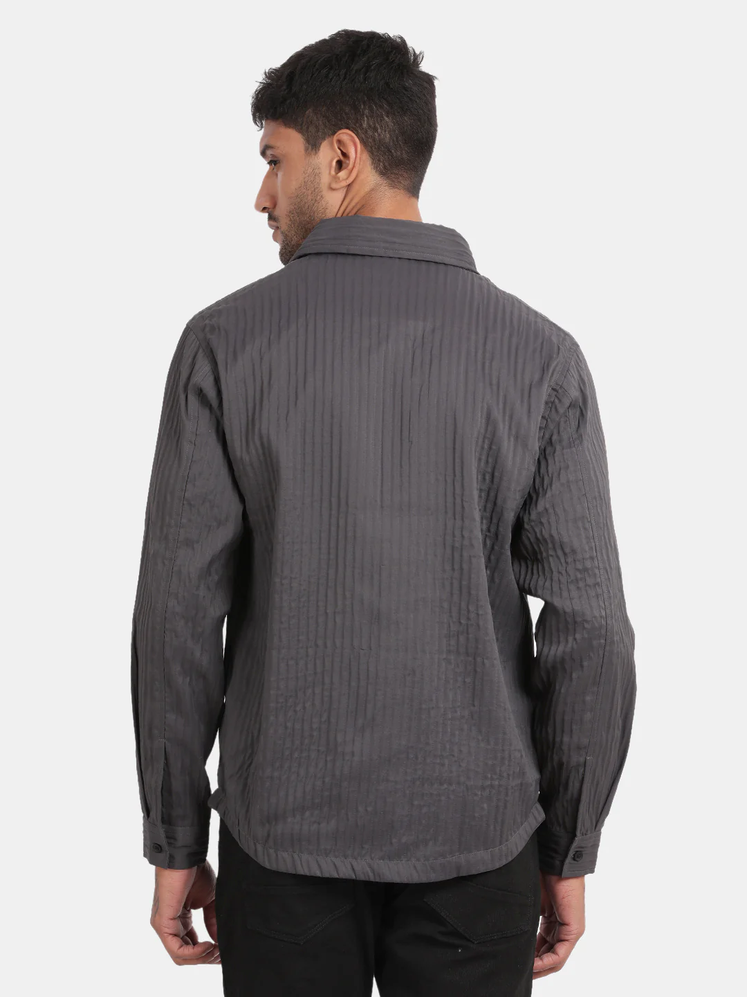 Men Dark Grey Slim Fit Spread Collar Full Sleeve Casual Shirt - Image 3