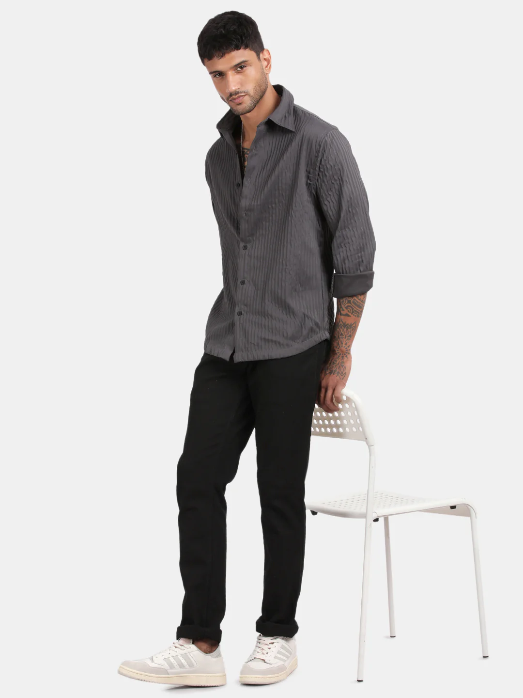 Men Dark Grey Slim Fit Spread Collar Full Sleeve Casual Shirt - Image 4