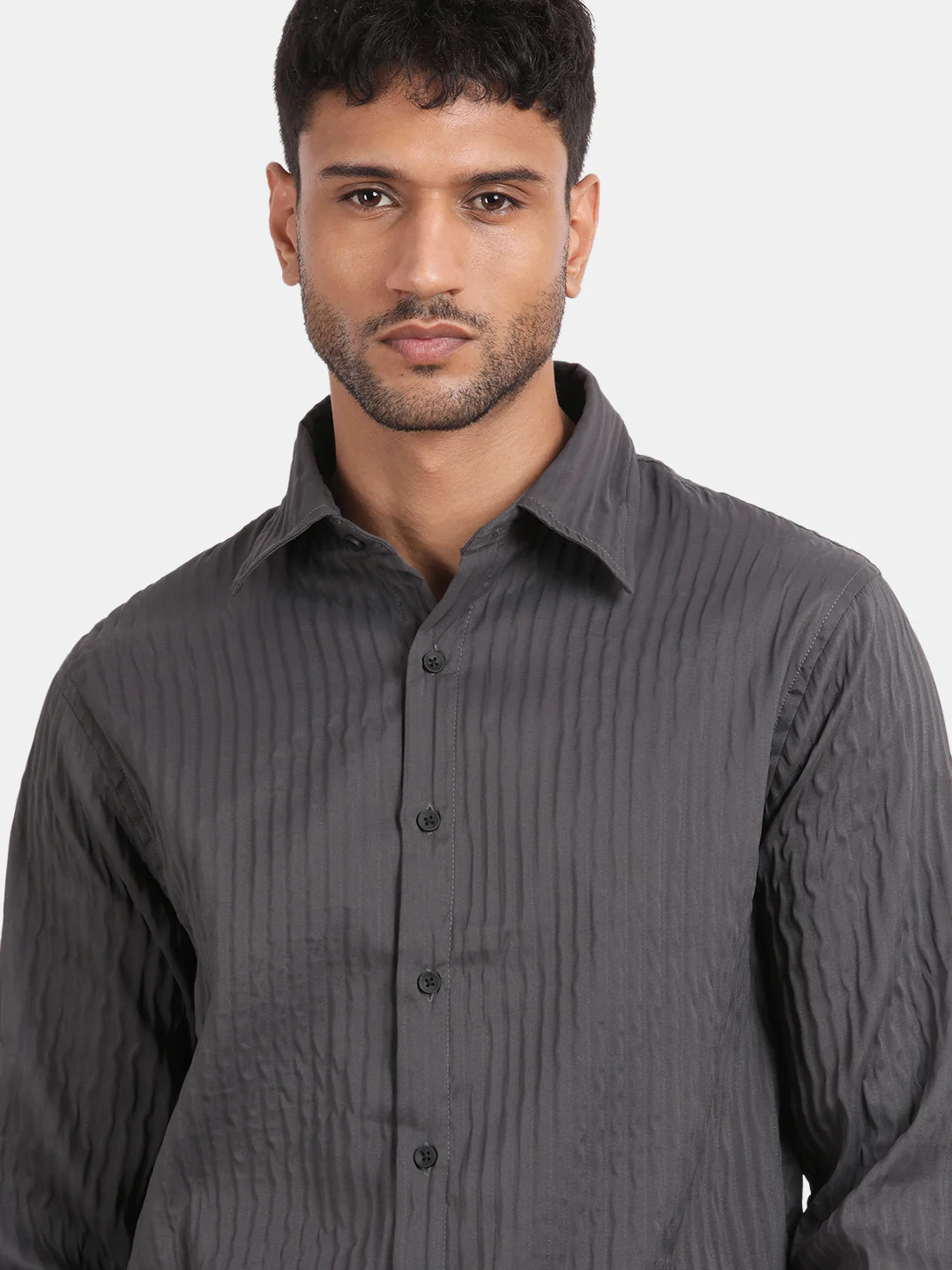 Men Dark Grey Slim Fit Spread Collar Full Sleeve Casual Shirt - Image 5