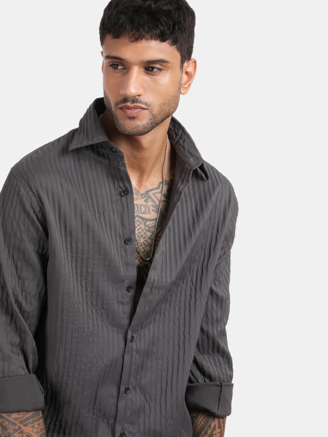 Men Dark Grey Slim Fit Spread Collar Full Sleeve Casual Shirt - Image 6