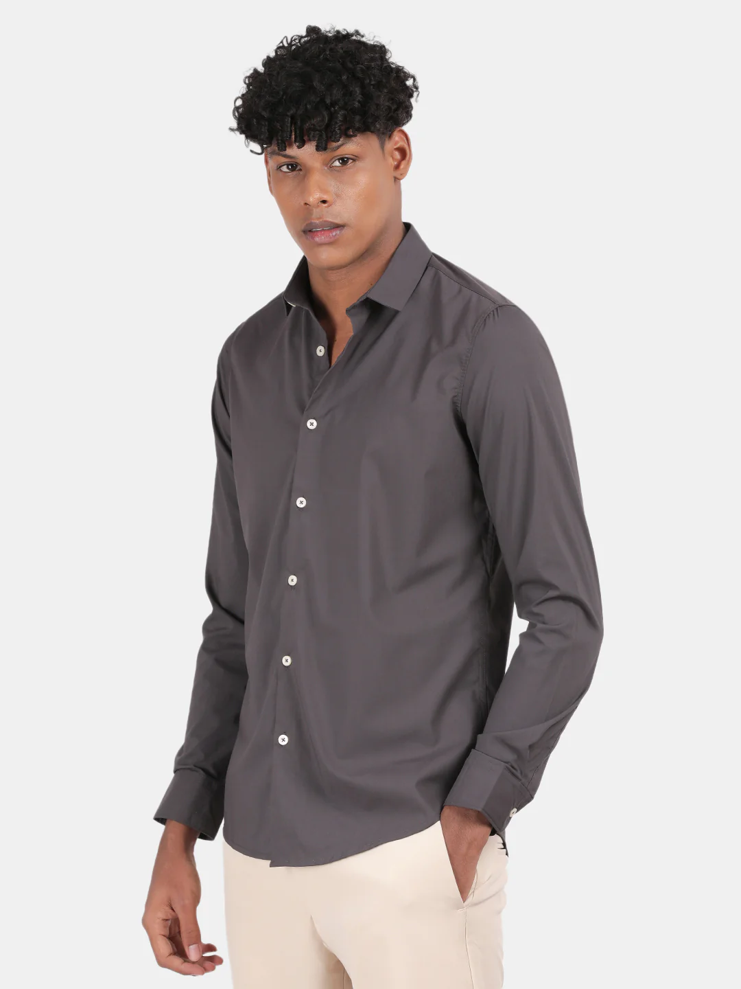 Men Dark Grey Slim Fit Spread Collar Full Sleeve Casual Shirt - Image 4