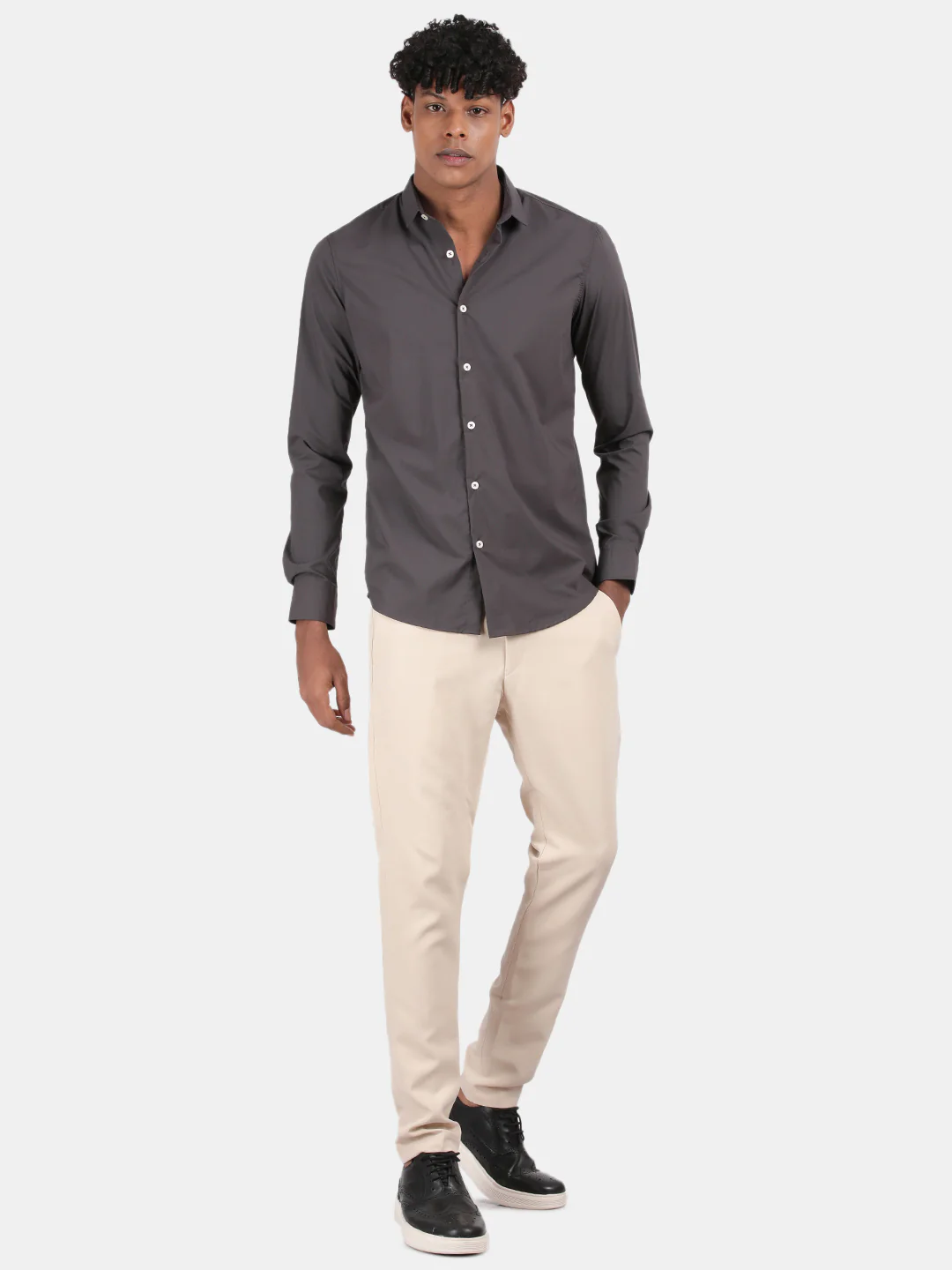 Men Dark Grey Slim Fit Spread Collar Full Sleeve Casual Shirt - Image 5