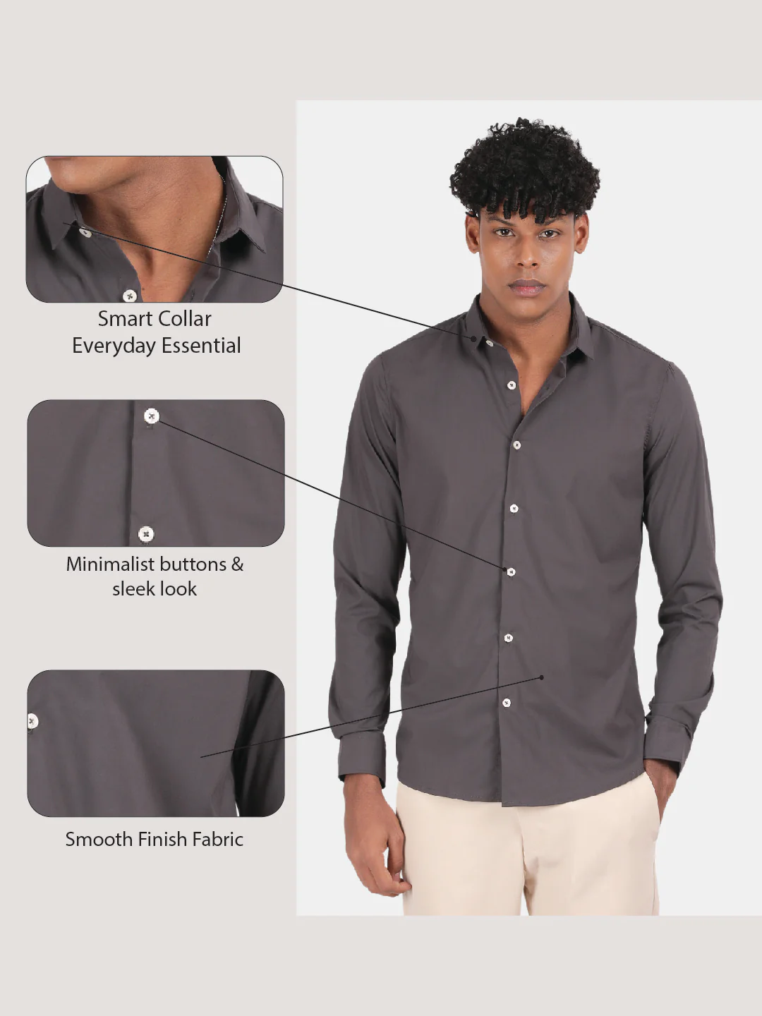 Men Dark Grey Slim Fit Spread Collar Full Sleeve Casual Shirt - Image 6