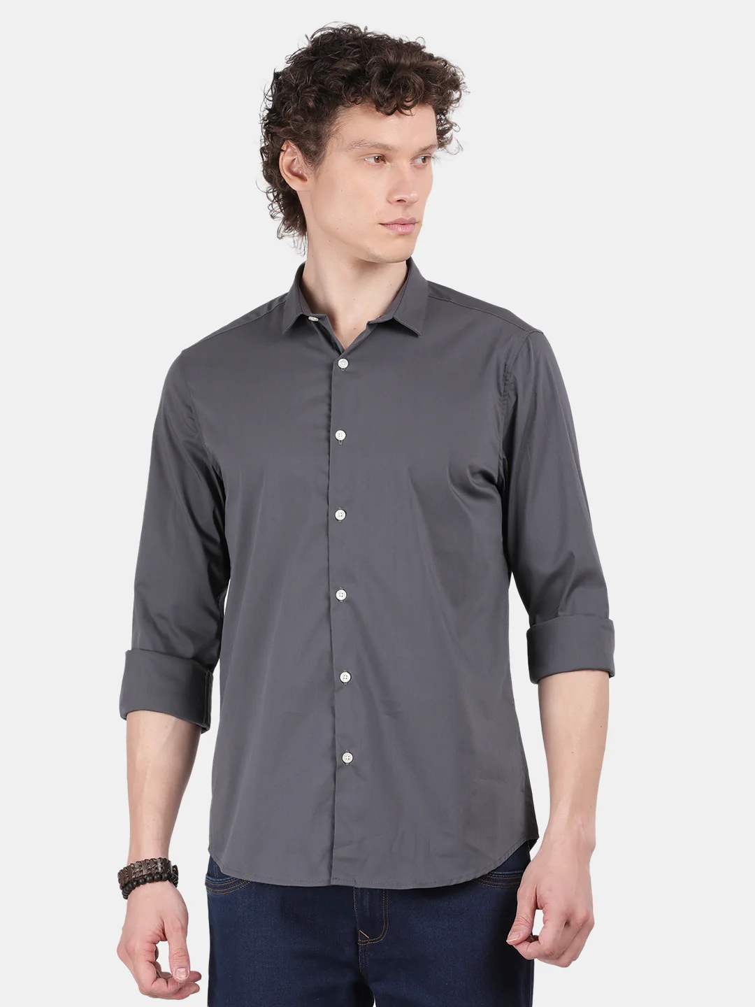 Men Dark Grey Slim Fit Spread Collar Full Sleeve Casual Shirt - Image 2