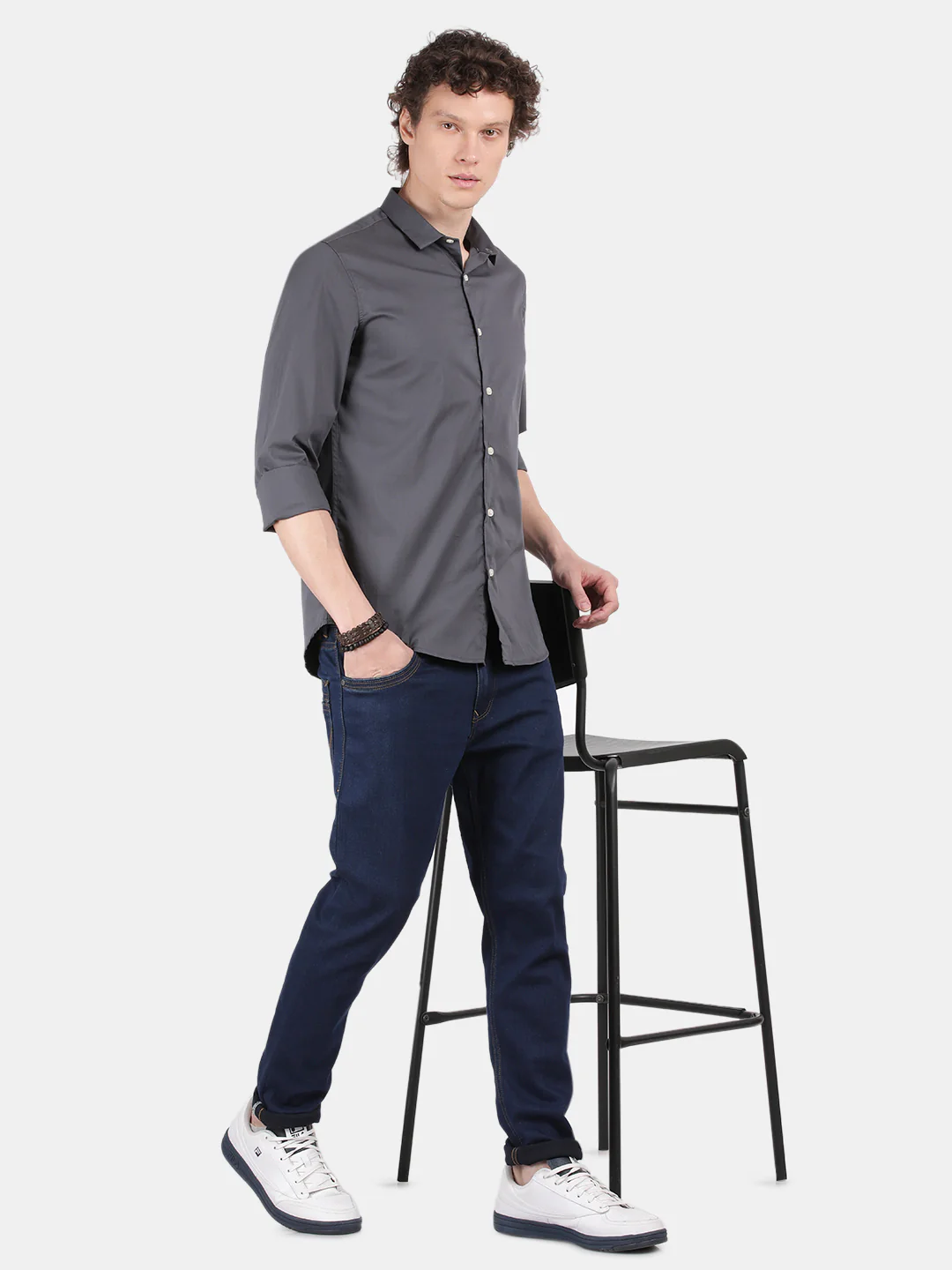 Men Dark Grey Slim Fit Spread Collar Full Sleeve Casual Shirt - Image 3