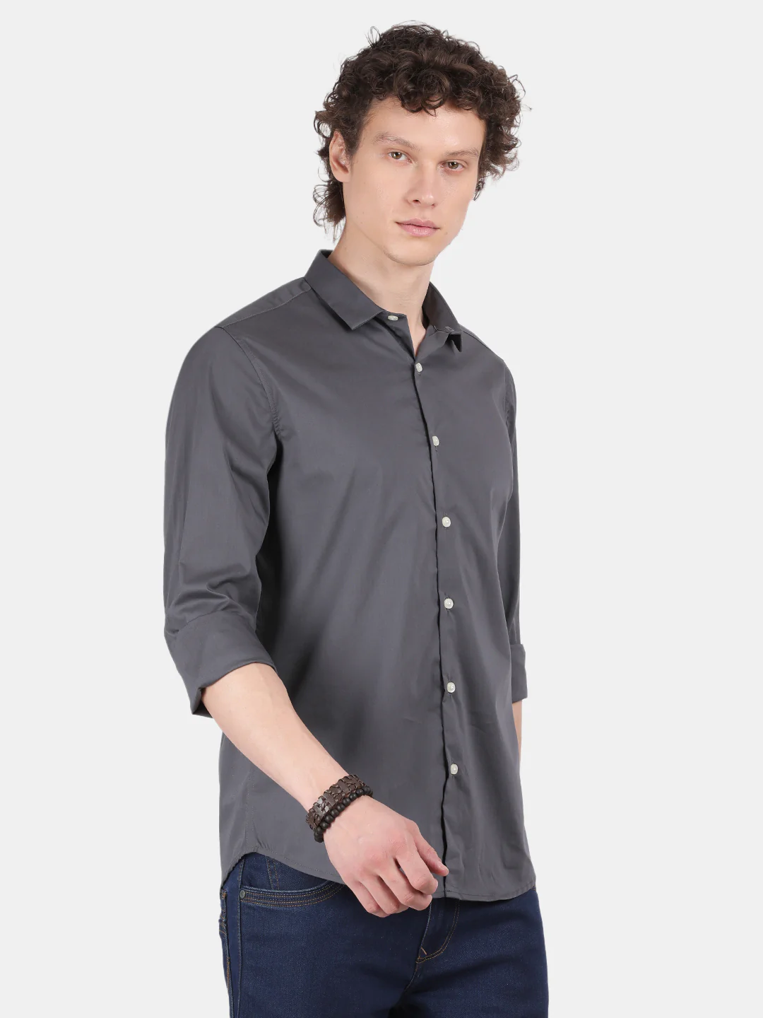 Men Dark Grey Slim Fit Spread Collar Full Sleeve Casual Shirt - Image 5