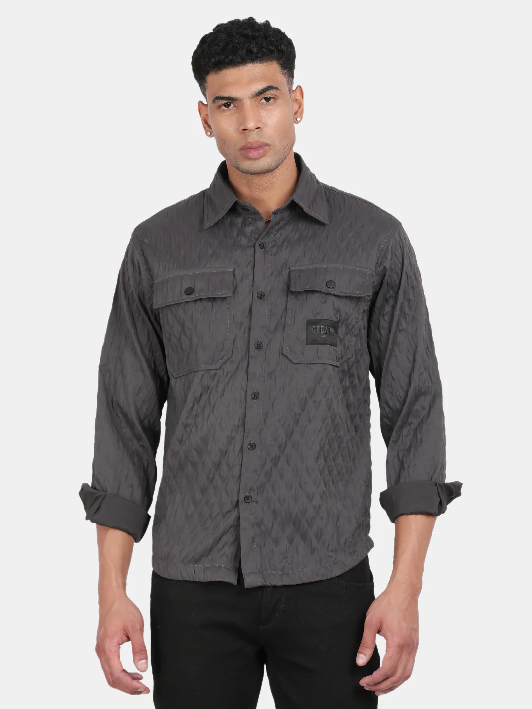 Men Dark Grey Slim Fit Spread Collar Full Sleeve Casual Shirt - Image 2