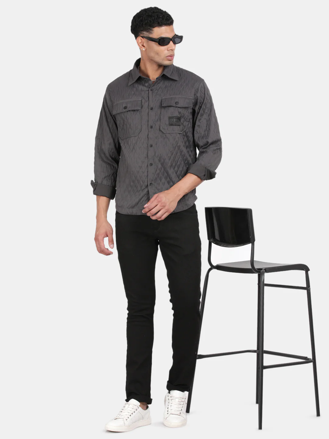 Men Dark Grey Slim Fit Spread Collar Full Sleeve Casual Shirt - Image 3