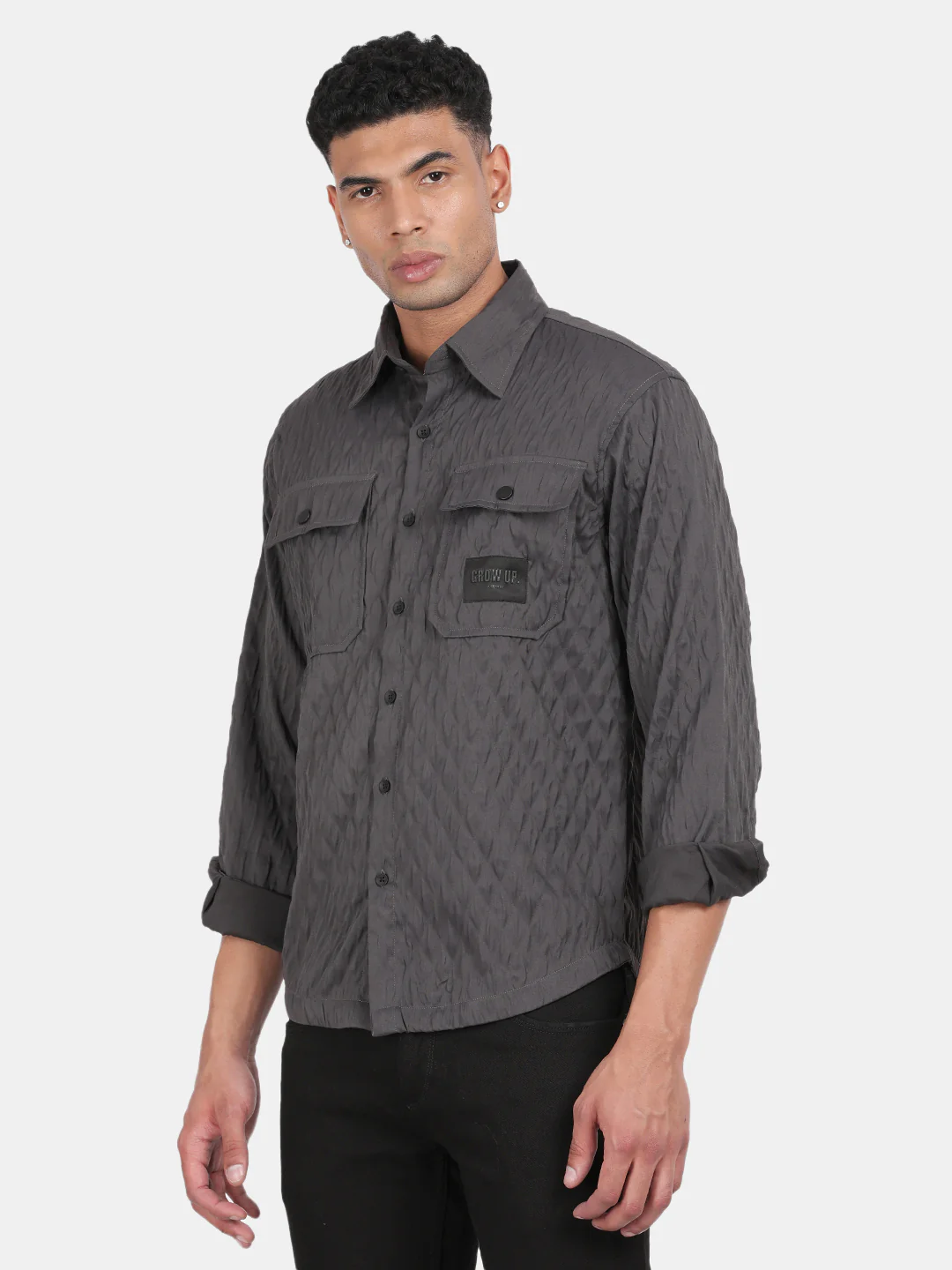 Men Dark Grey Slim Fit Spread Collar Full Sleeve Casual Shirt - Image 5