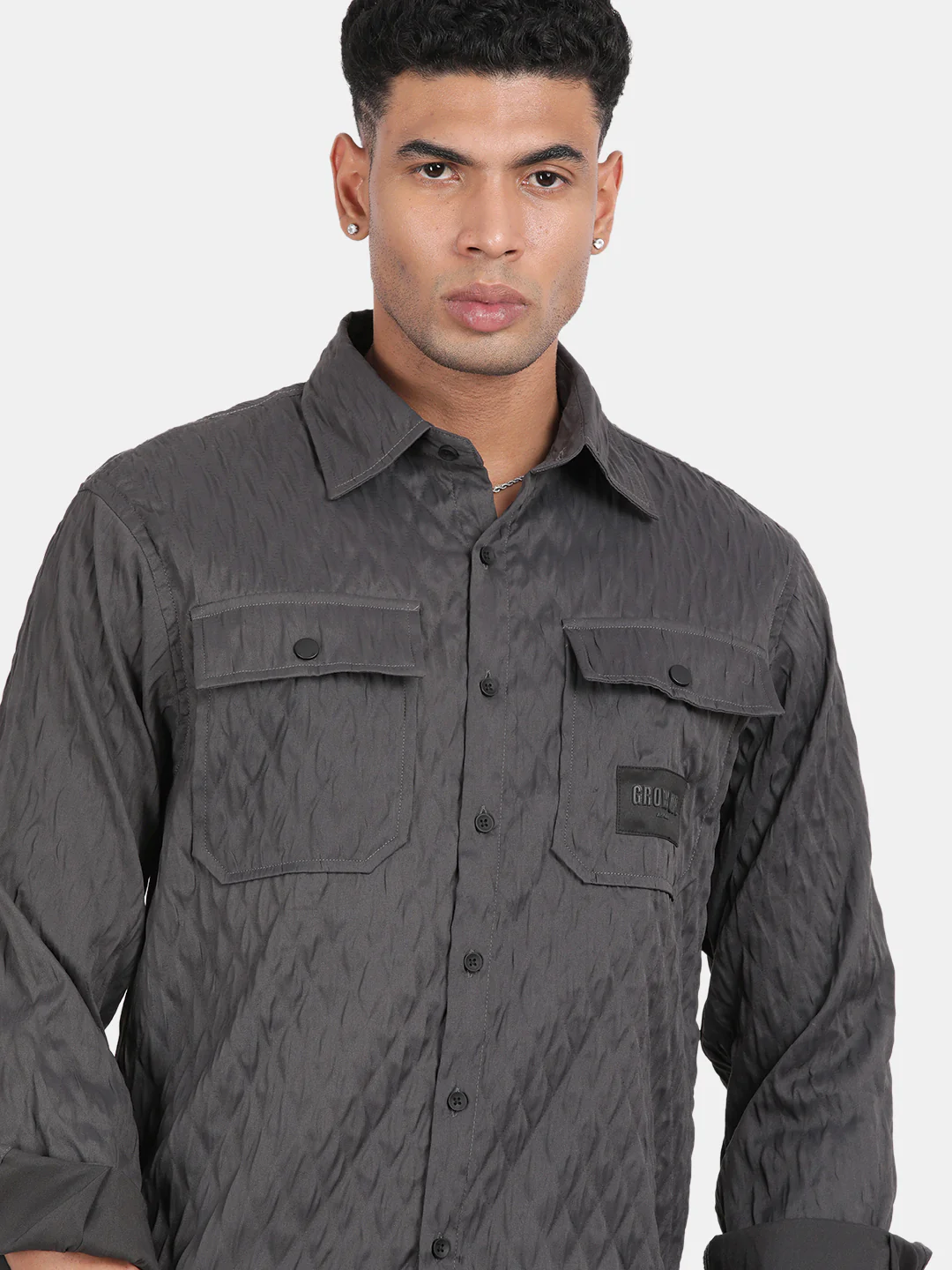 Men Dark Grey Slim Fit Spread Collar Full Sleeve Casual Shirt - Image 6