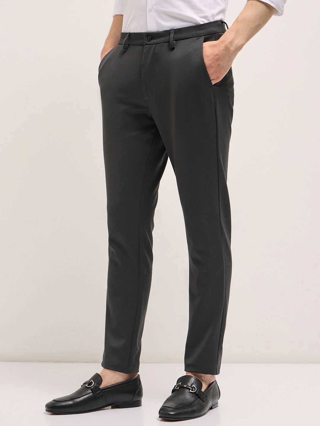 Men Dark Grey Solid 4 Way Stretch Formal Trouser - Image 3