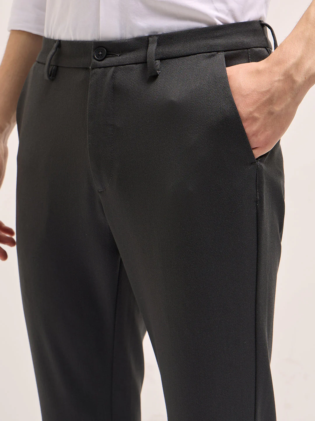 Men Dark Grey Solid 4 Way Stretch Formal Trouser - Image 5