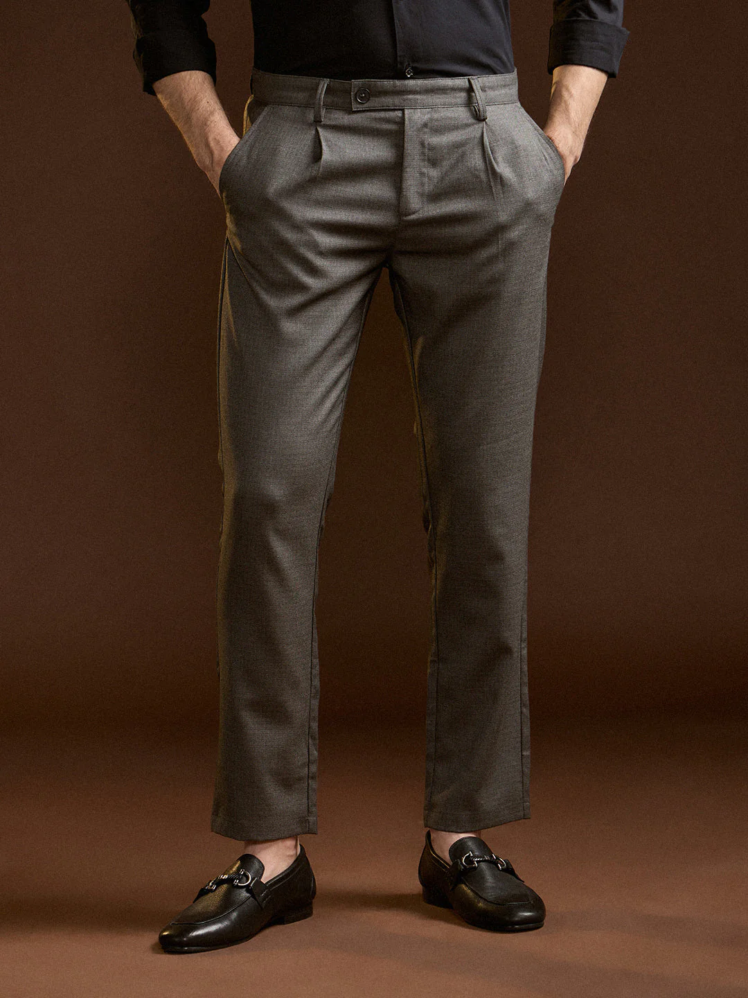 Men Dark Grey Solid Regular Fit Formal Trouser - Image 7