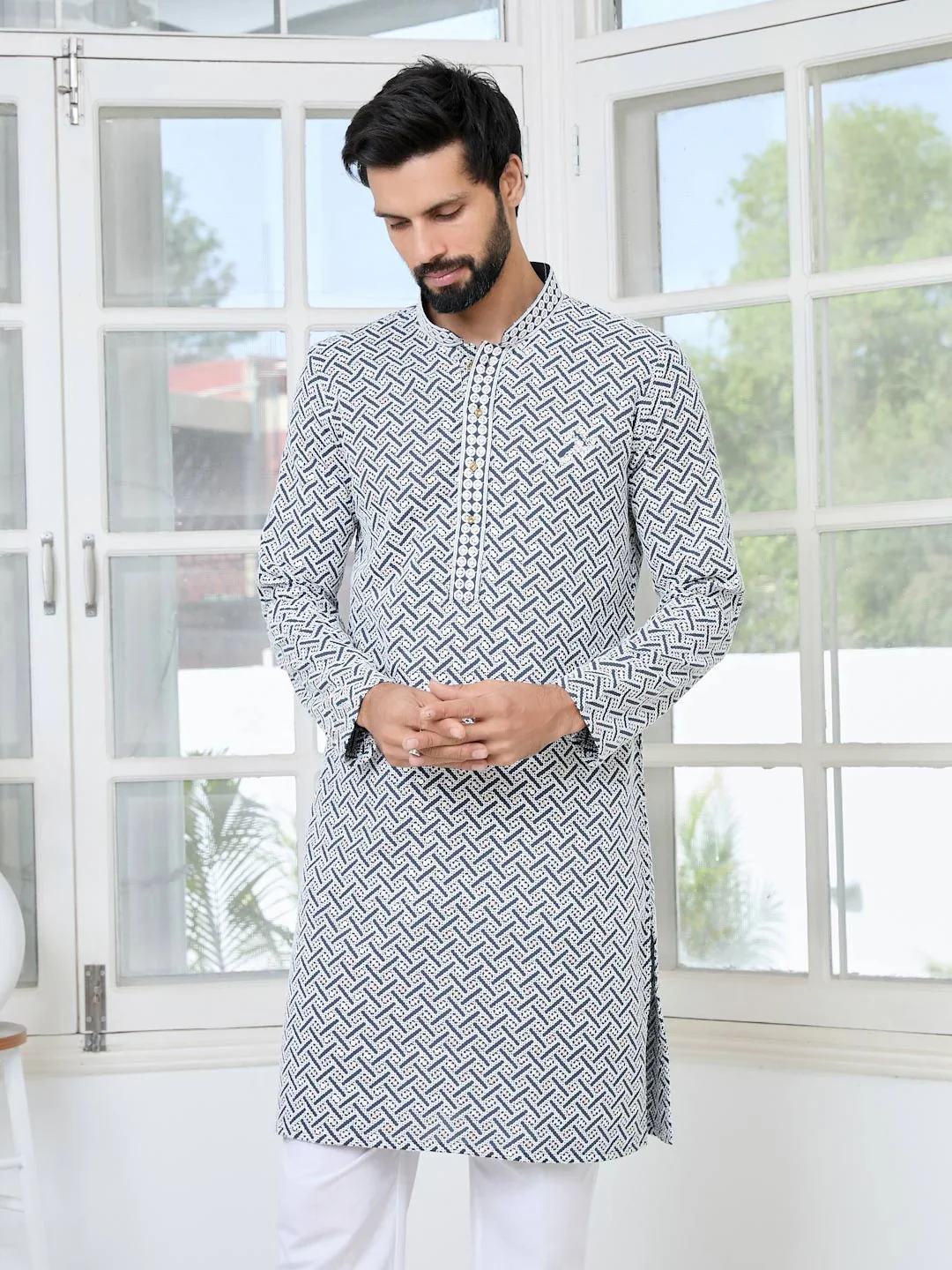Men Grey Thread Embroidered And Sequinned Rayon Straight Kurta - Image 6