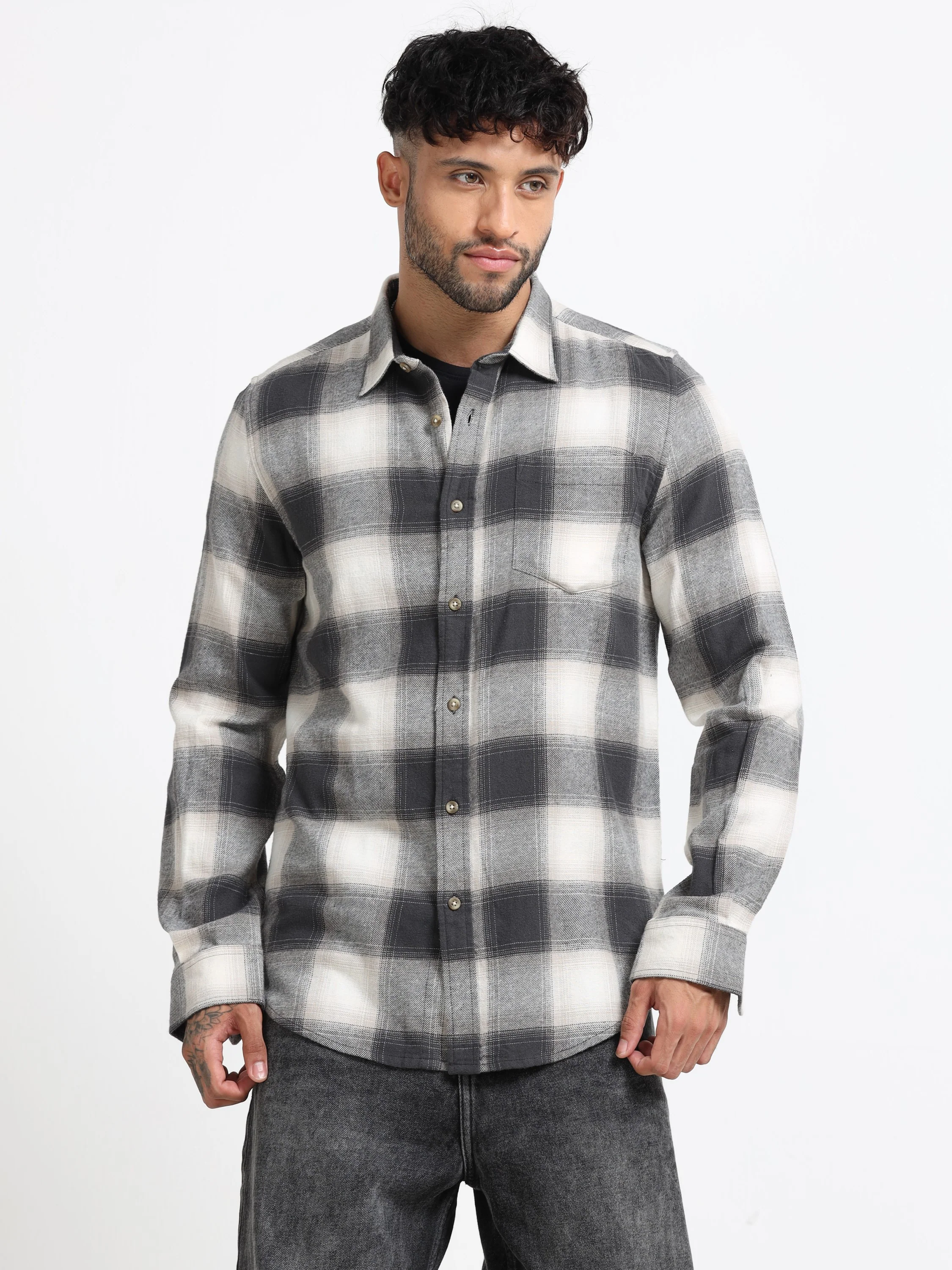 Men Grey & White Check Shirt - Image 6