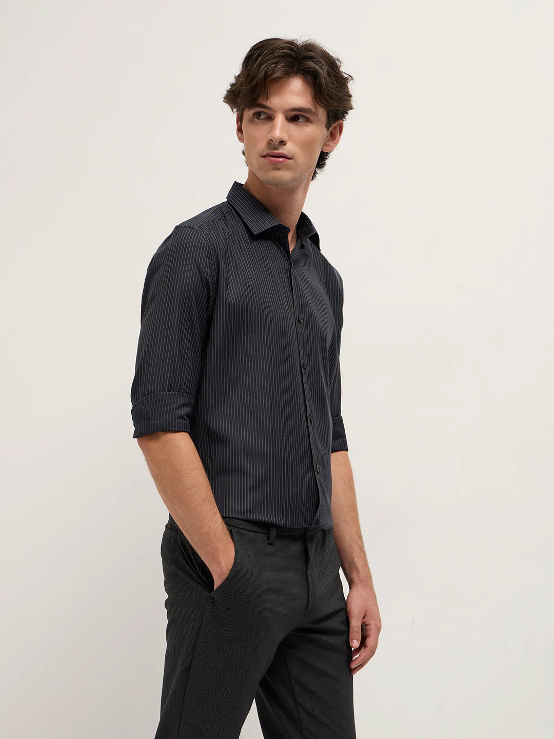Men Dark Grey Woven Pin Stripe Design Tailored Fit Formal Shirt - Image 3