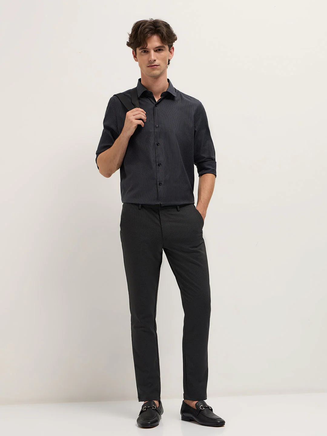 Men Dark Grey Woven Pin Stripe Design Tailored Fit Formal Shirt - Image 4