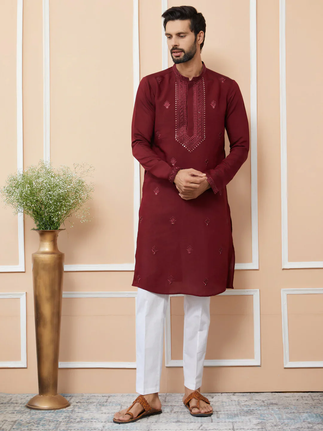 Men Maroon Embroidered Chanderi Silk Straight Kurta - Image 2