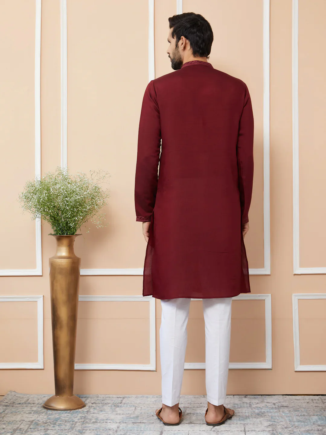 Men Maroon Embroidered Chanderi Silk Straight Kurta - Image 3