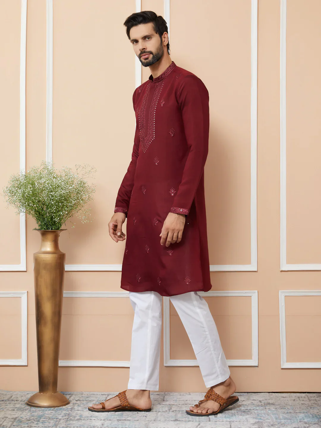 Men Maroon Embroidered Chanderi Silk Straight Kurta - Image 4