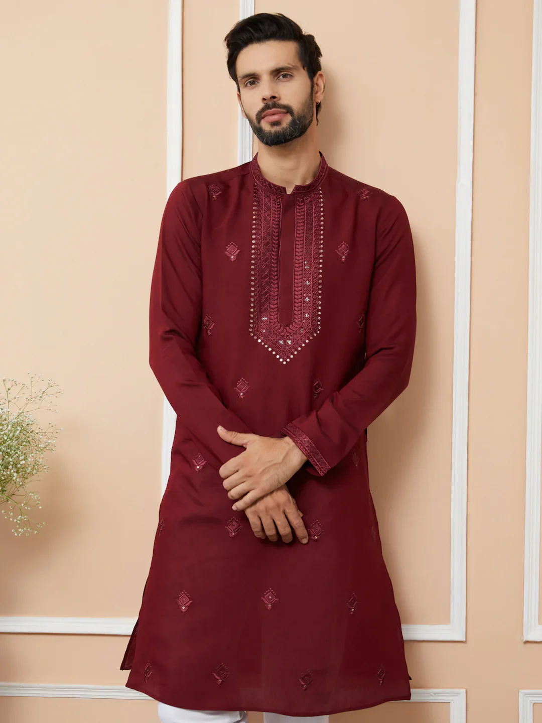 Men Maroon Embroidered Chanderi Silk Straight Kurta - Image 5