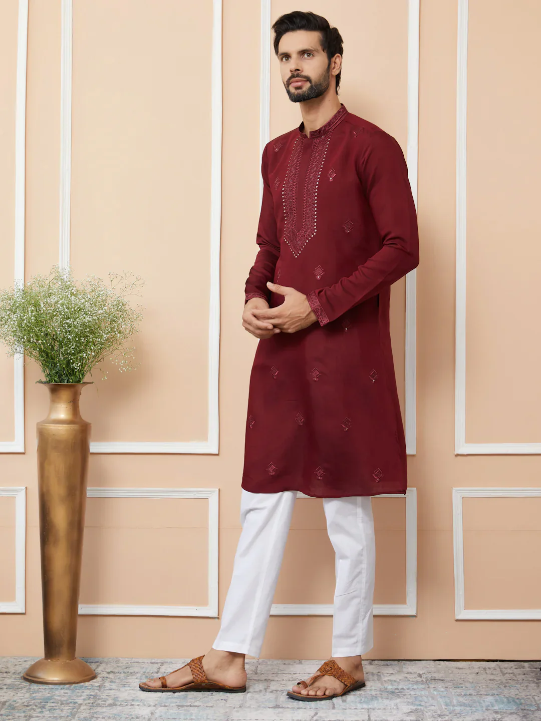 Men Maroon Embroidered Chanderi Silk Straight Kurta - Image 7