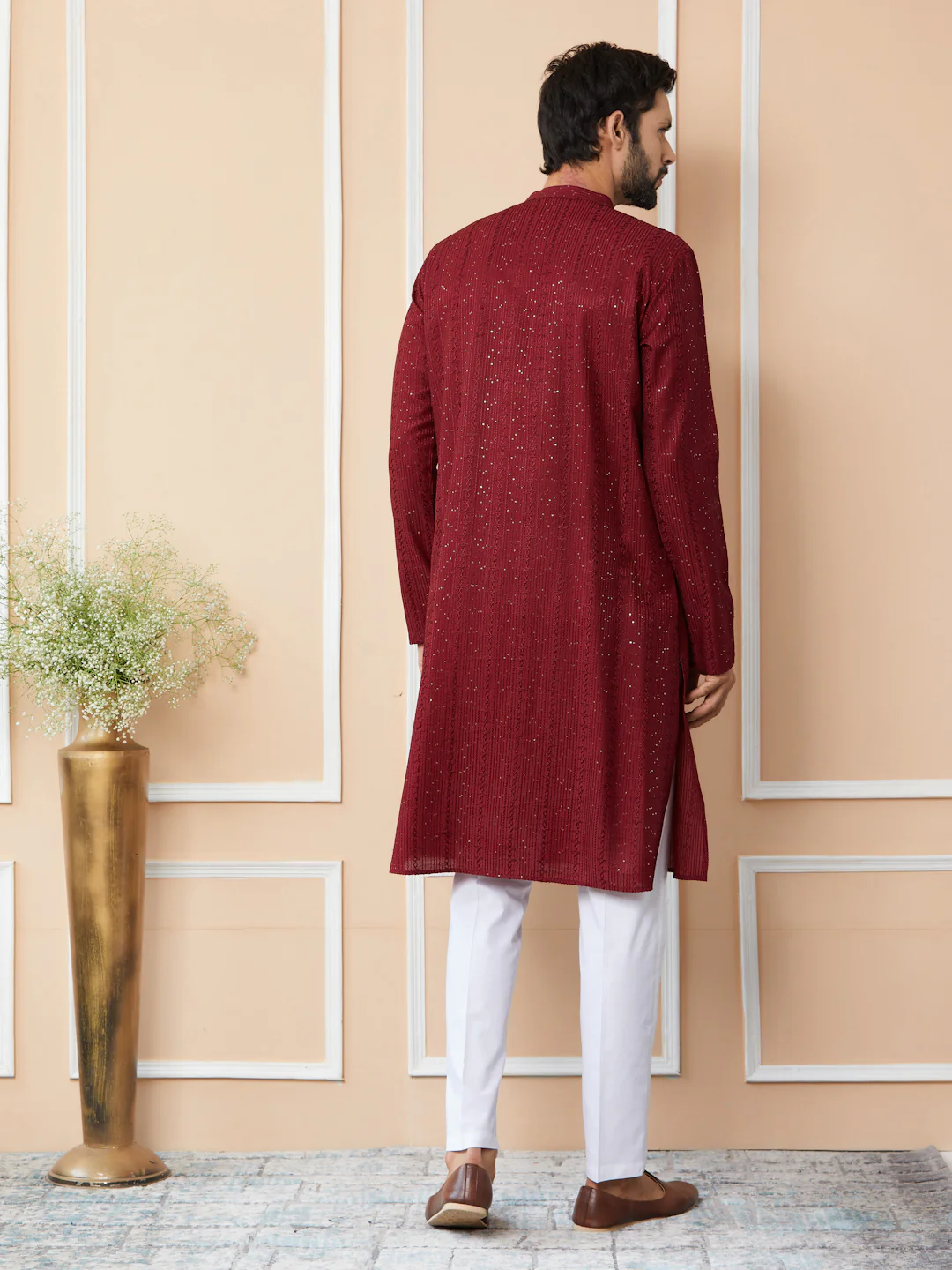 Men Dark Maroon Embroidered Thread Work Sequinned Chanderi Silk Straight Kurta - Image 2