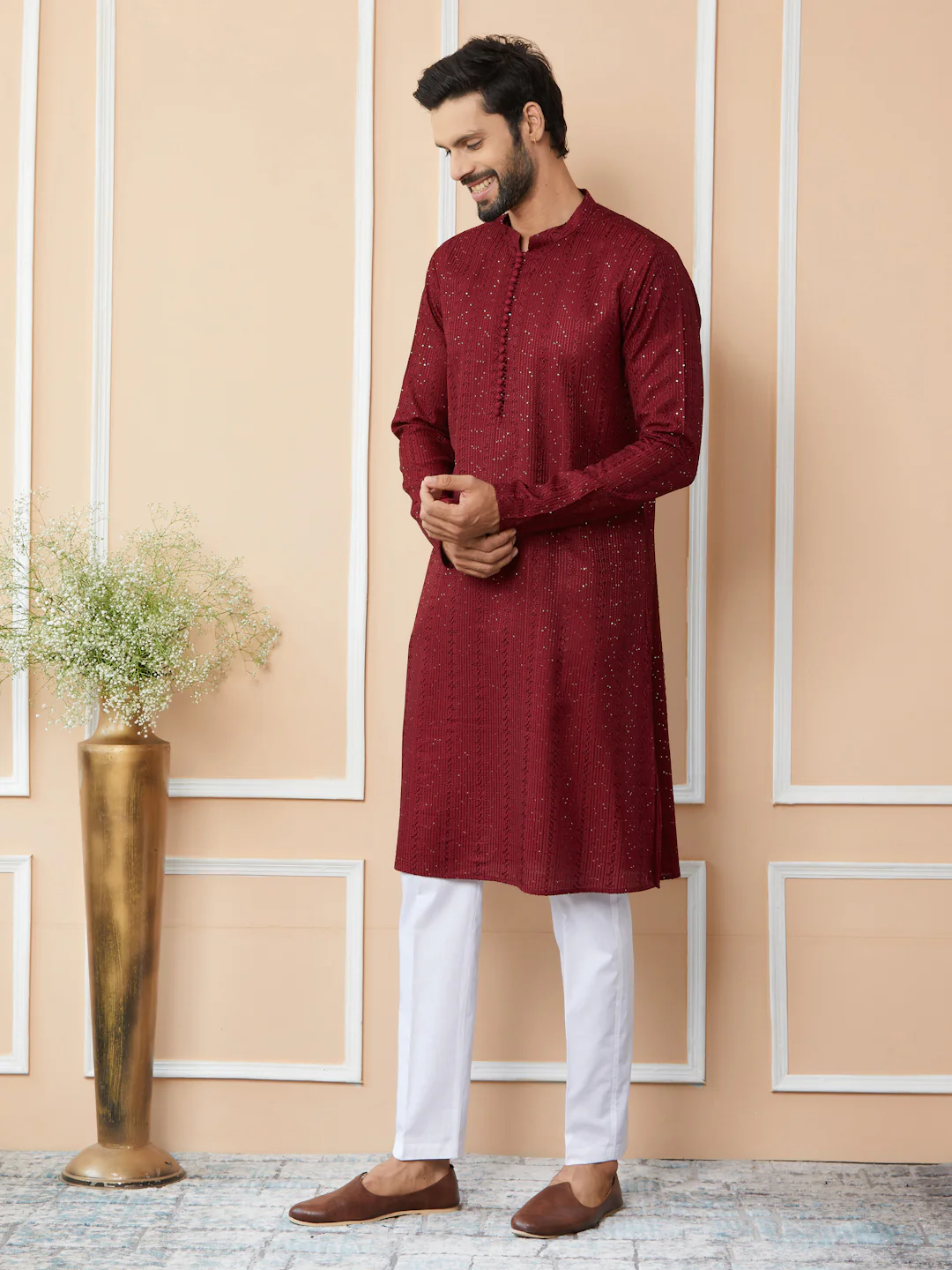 Men Dark Maroon Embroidered Thread Work Sequinned Chanderi Silk Straight Kurta - Image 3