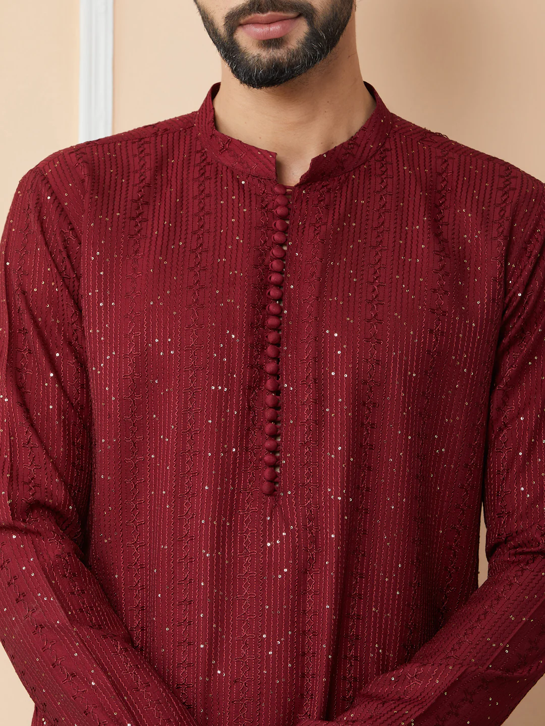 Men Dark Maroon Embroidered Thread Work Sequinned Chanderi Silk Straight Kurta - Image 4