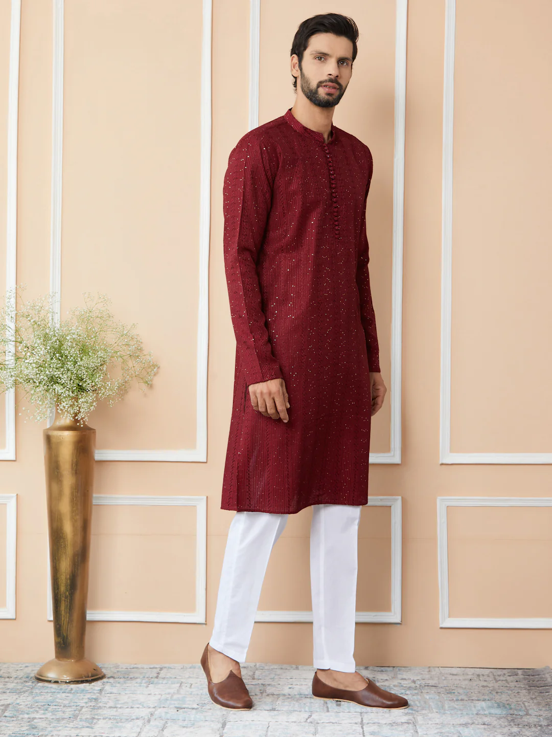 Men Dark Maroon Embroidered Thread Work Sequinned Chanderi Silk Straight Kurta - Image 5