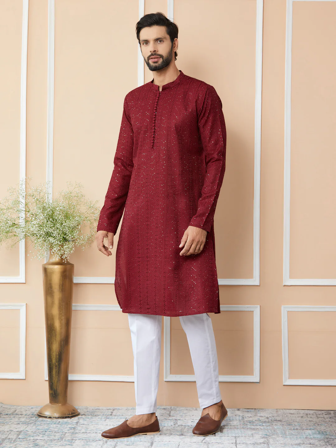 Men Dark Maroon Embroidered Thread Work Sequinned Chanderi Silk Straight Kurta - Image 6