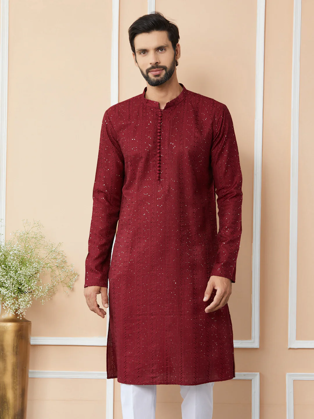 Men Dark Maroon Embroidered Thread Work Sequinned Chanderi Silk Straight Kurta - Image 7
