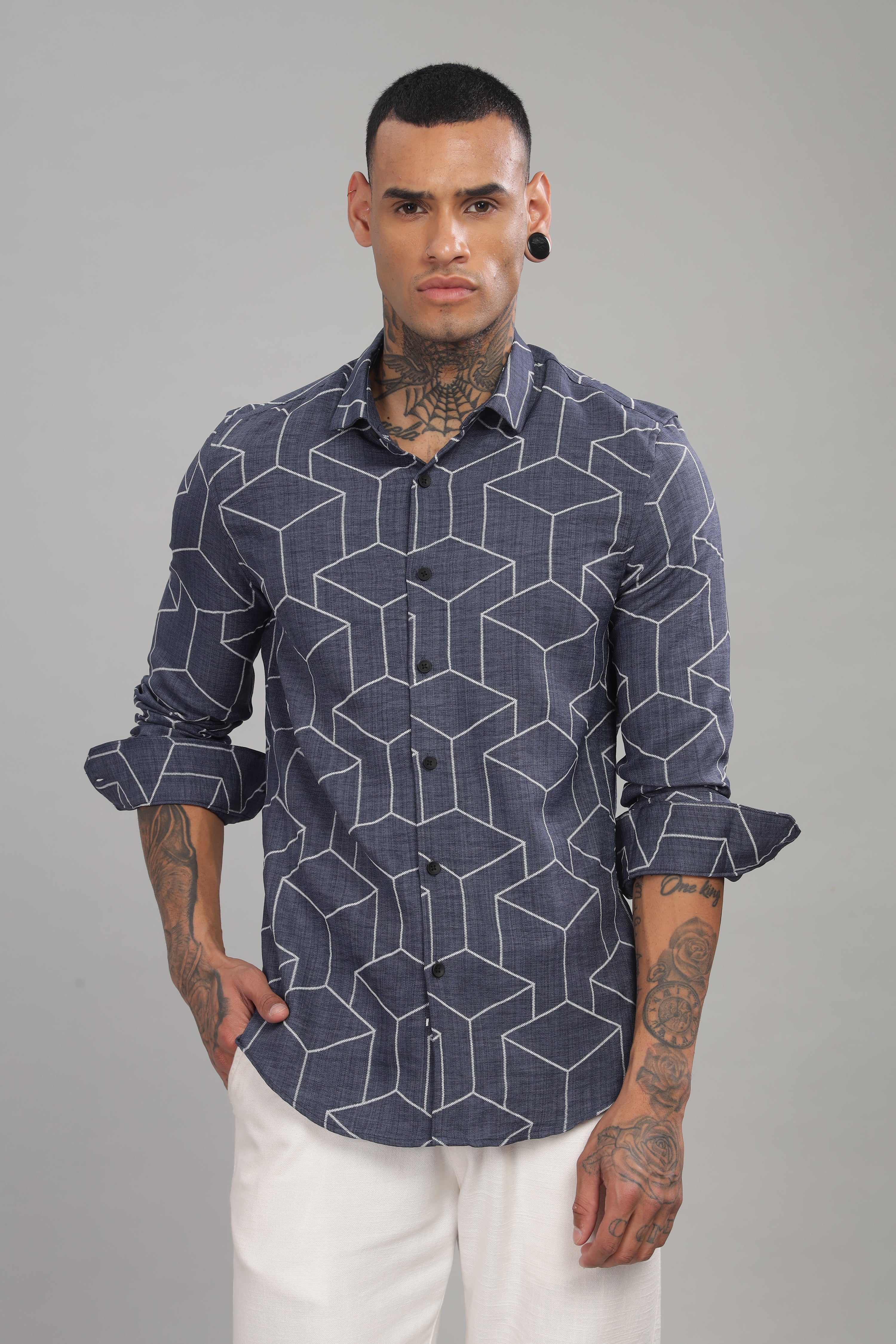 Men Dark Navy Slim Fit Shirt - Image 2
