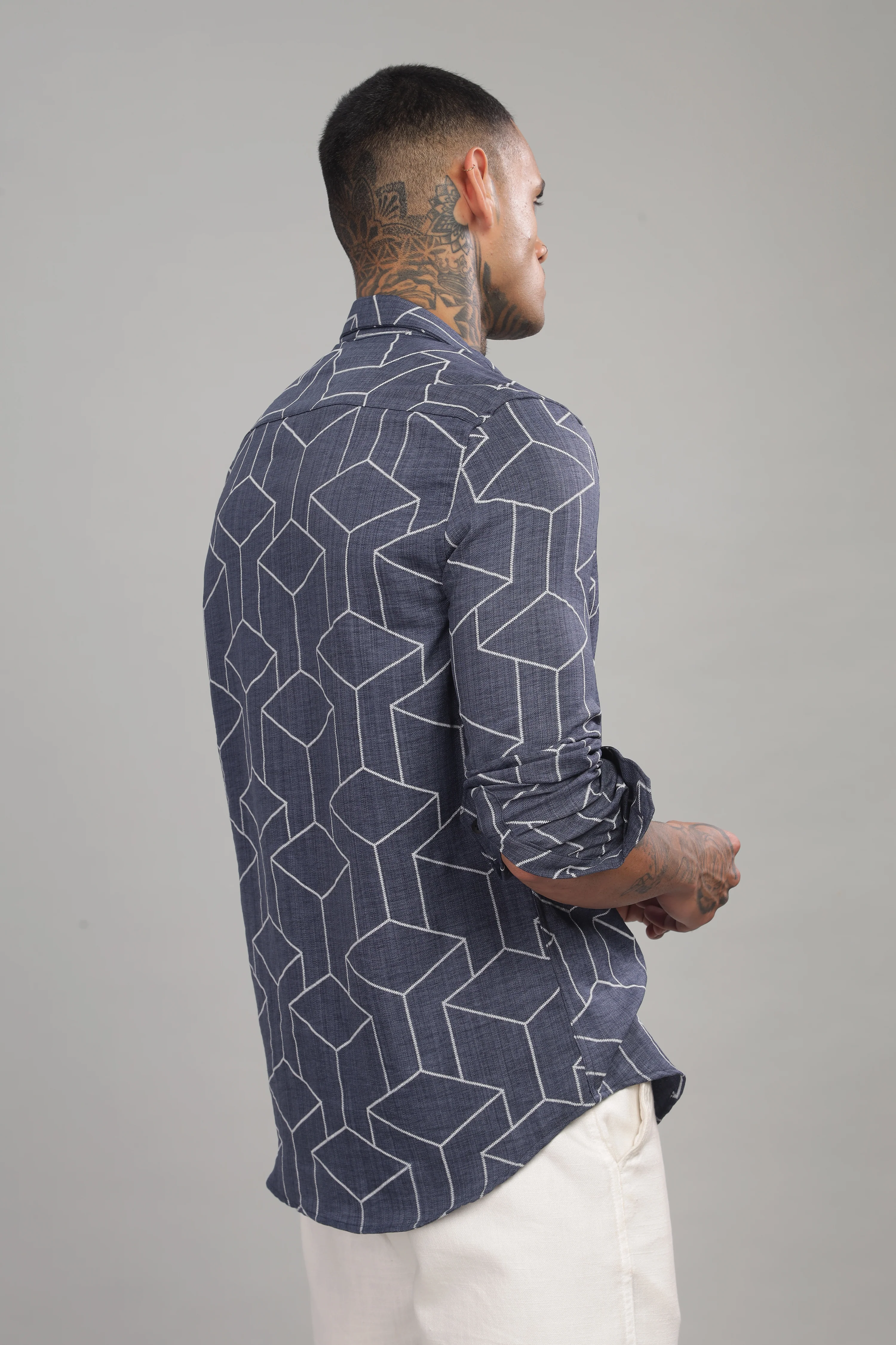 Men Dark Navy Slim Fit Shirt - Image 4